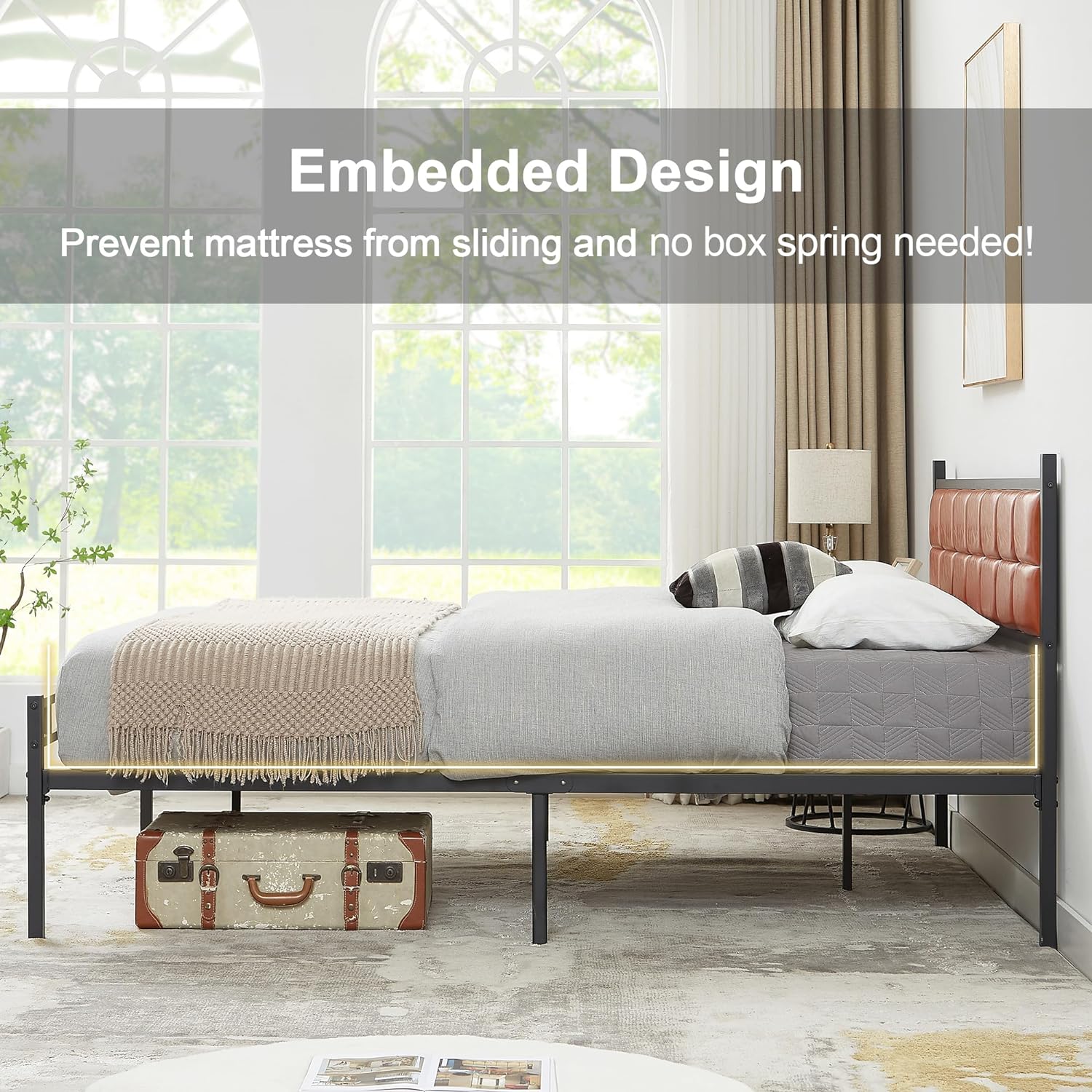 VECELO Bed Frame with PU Upholstered Headboard Metal Slats Support, No Box Spring Needed - VECELO