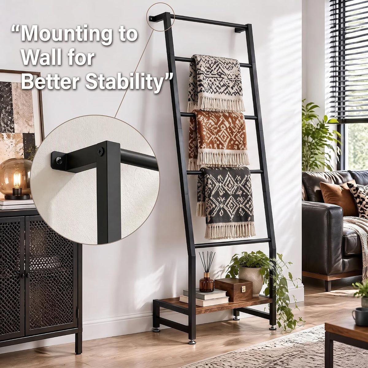 VECELO Blanket Ladder 5‑Tier Metal Ladder Shelf with Bottom Storage Shelf for Living Room and Bedroom