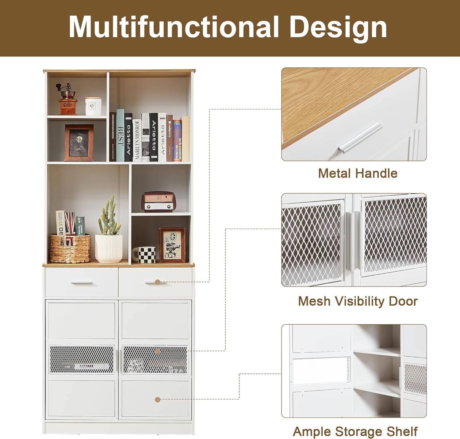 VECELO Floor Storage Cabinet 72" Free Standing Kitchen Pantry Buffet Cupboard with Multi Open Shelves and 2 Drawers - VECELO