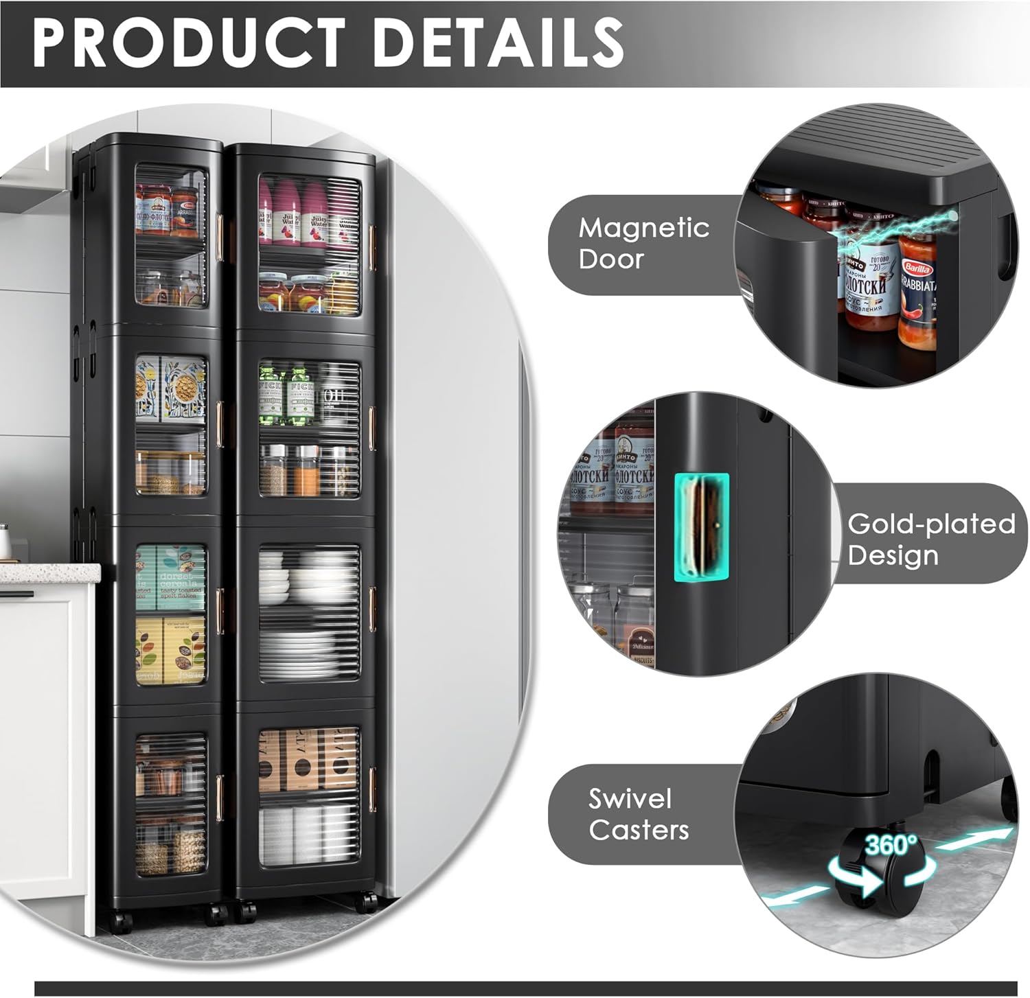 VECELO 4-Tier Tall Narrow Storage Cabinet with Movable Wheels