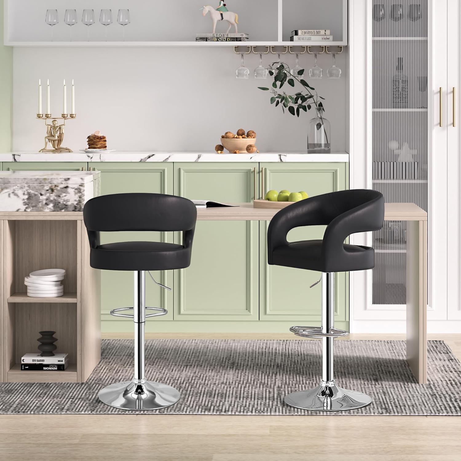 VECELO Bar Stools Set of 2 Adjustable Swivel Modern Pu Leather Barstools - VECELO