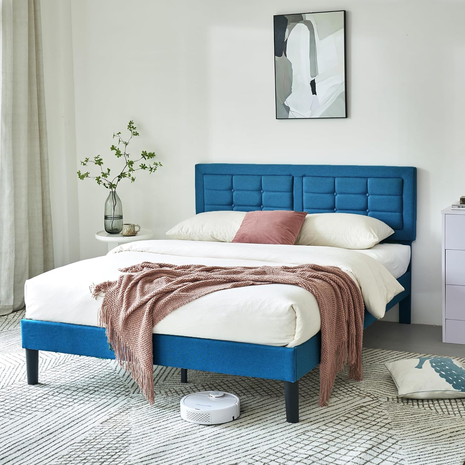 VECELO Upholstered Platform Bed Frame with Height Adjustable Headboard - VECELO