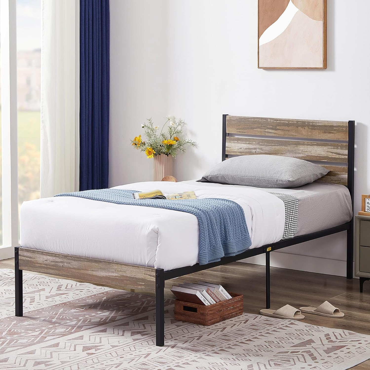 VECELO Platform Bed Frame with Rustic Vintage Wood Headboard/Strong Metal Slats Support