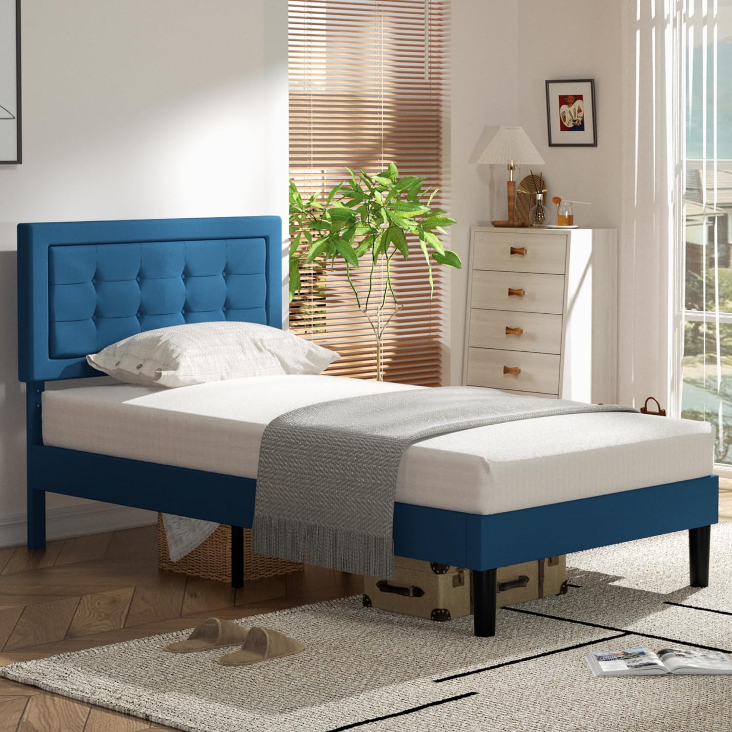 VECELO Upholstered Platform Bed Frame with Height Adjustable Headboard - VECELO