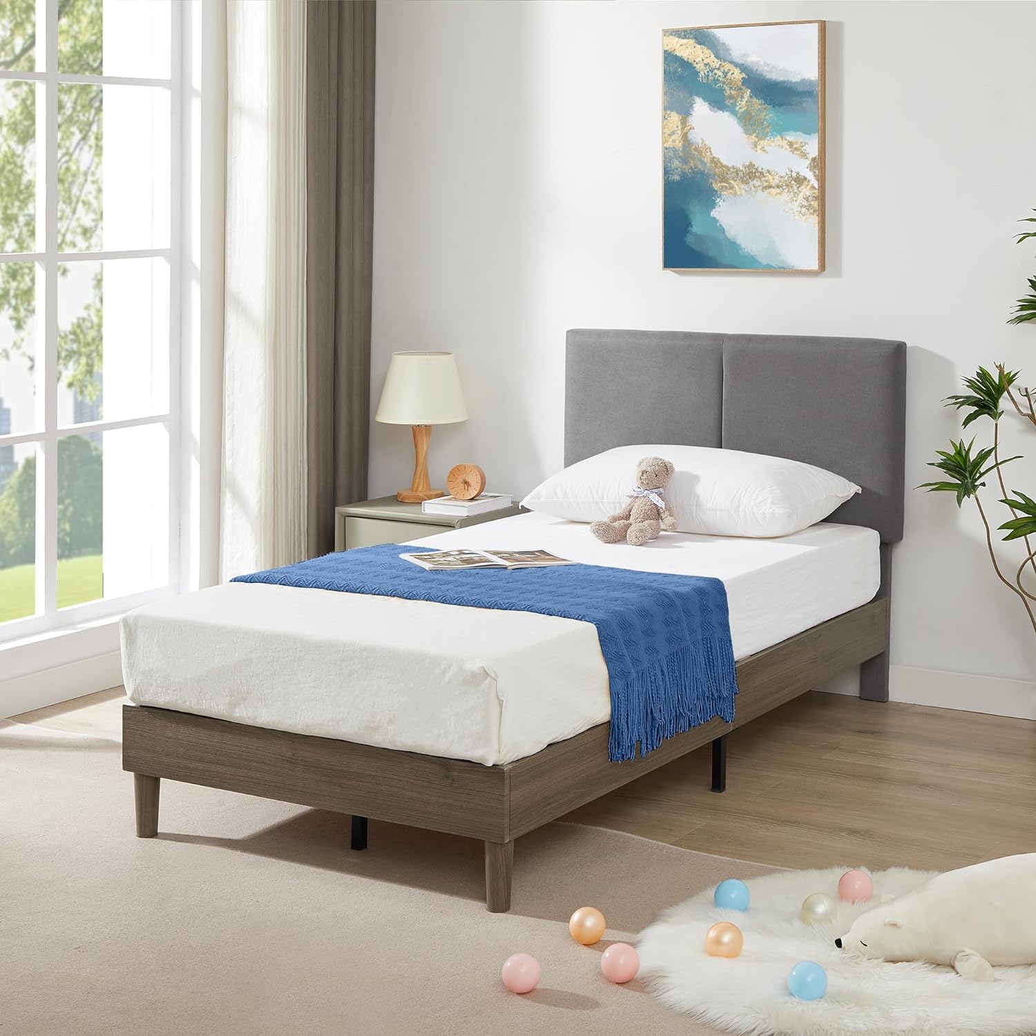 VECELO Upholstered Platform Bed Frame with Height-Adjustable Cotton and Linen Headboard