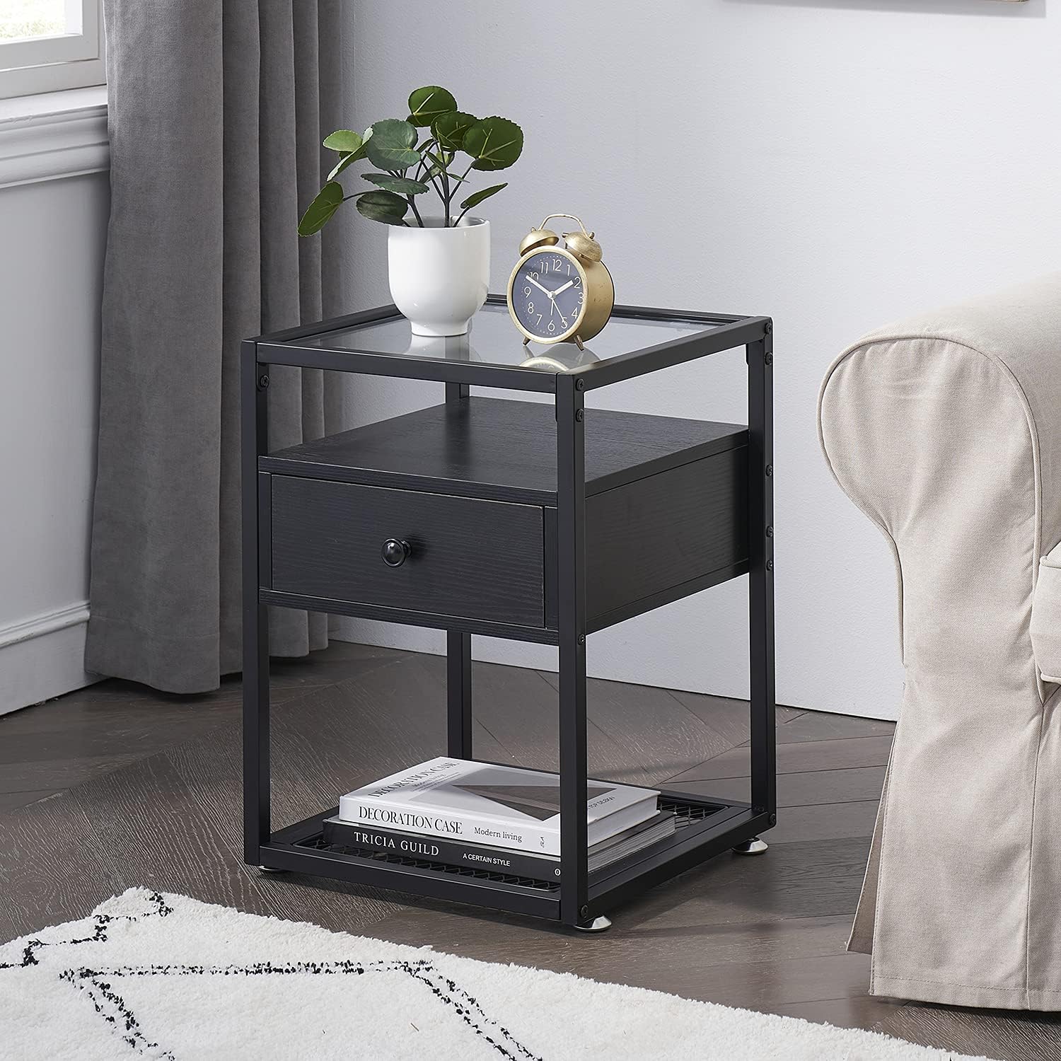 VECELO Nightstands,Glass Top End Tables with Drawer and Shelf - VECELO