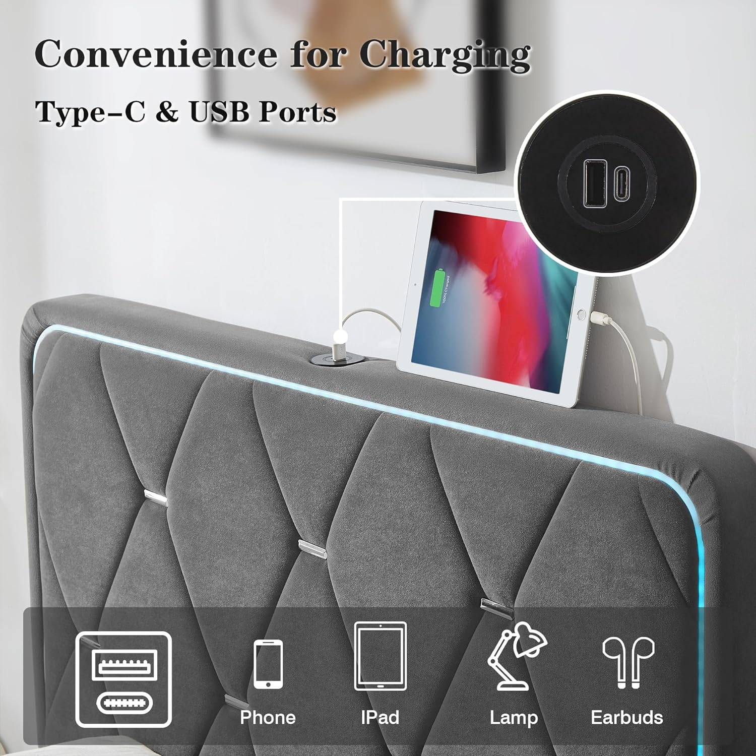 VECELO Upholstered Bed Frame with LED Lights, Charging Station, Velvet Platform Bed