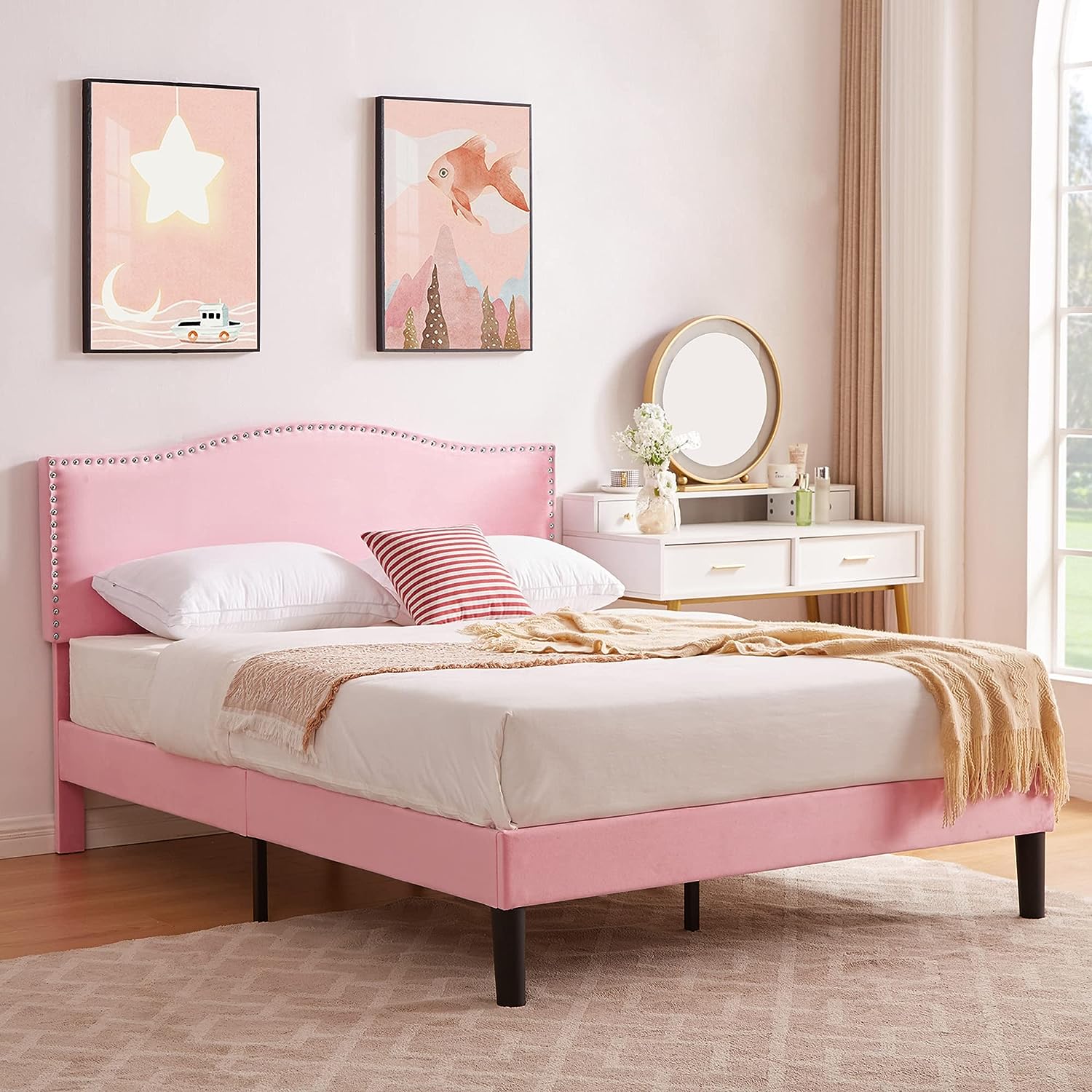 VECELO Bed Frame Platform with Upholstered Headboard & Wooden Slats Support - VECELO