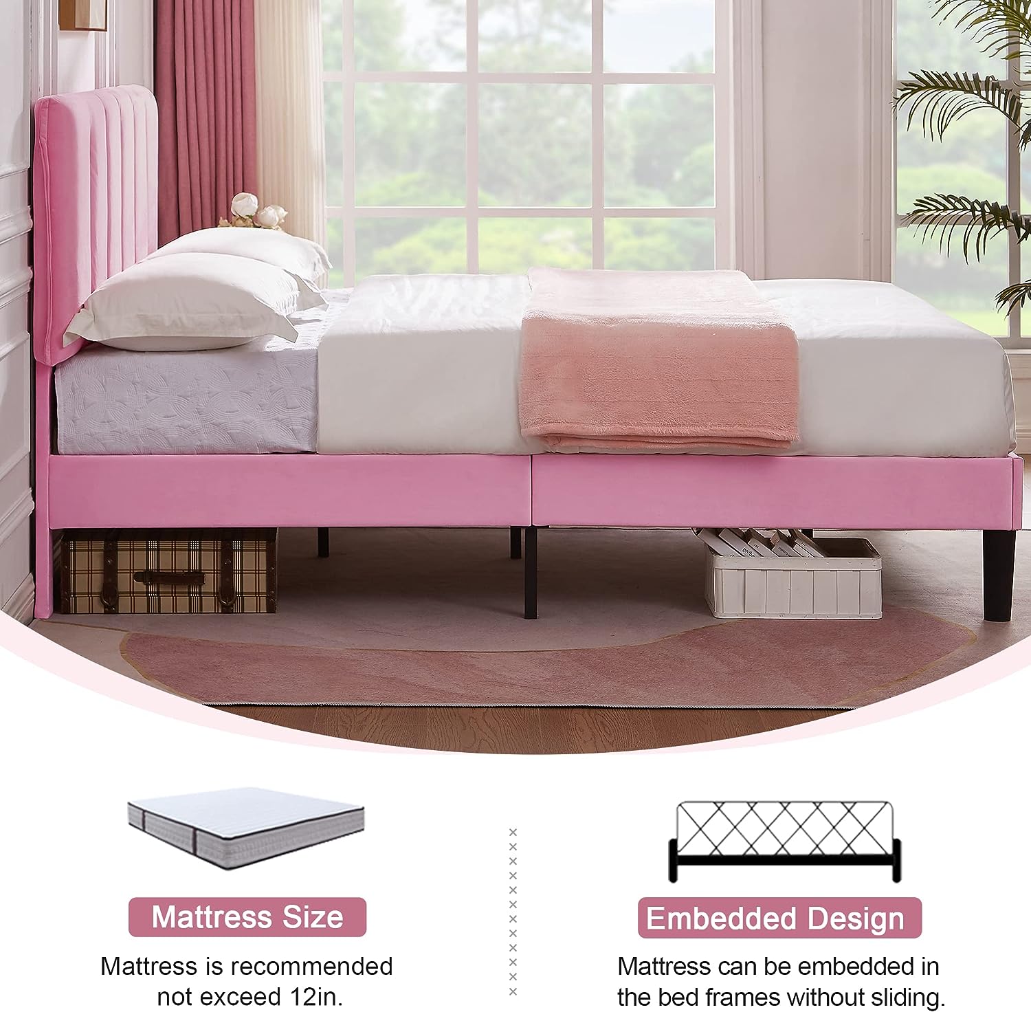 VECELO Modern Upholstered Platform Bedframe, Adjustable Headboard - VECELO