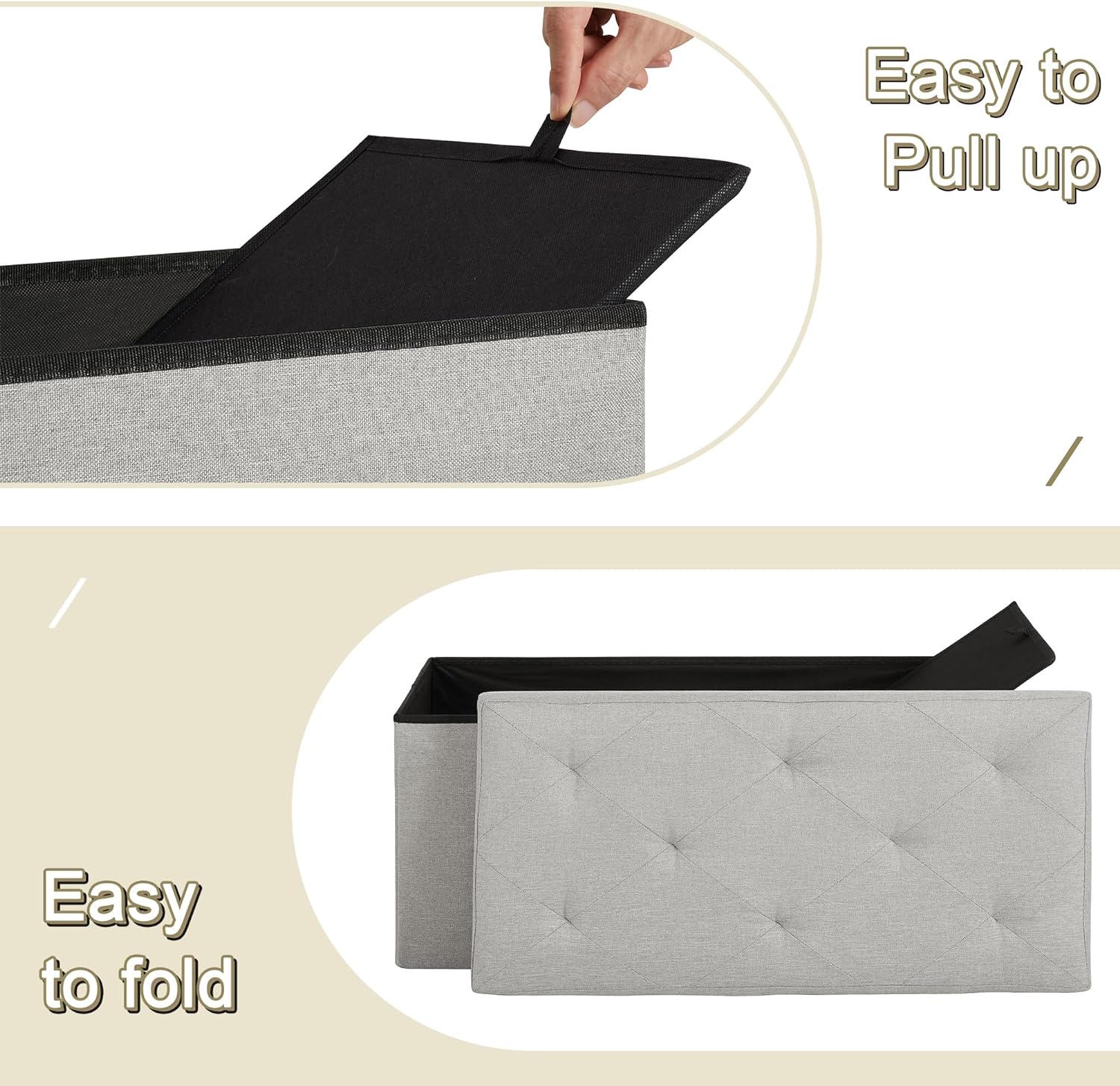 VECELO Folding Storage Ottoman Bench, Storage Chest, Linen Fabric - VECELO