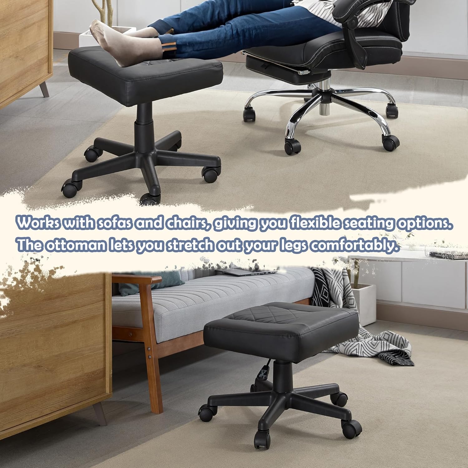 VECELO Under Desk Footrest, PU Ergonomic Foot Rest with Wheels