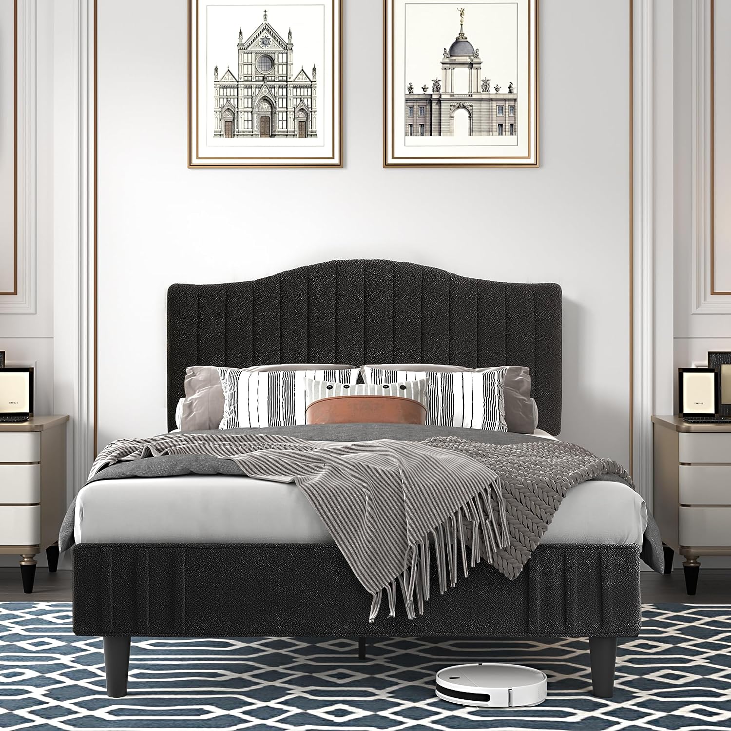 VECELO Upholstered Platform Bed Frame with Sheepskin Fabric Adjustable Headboard/Strong Wood Slats Supports