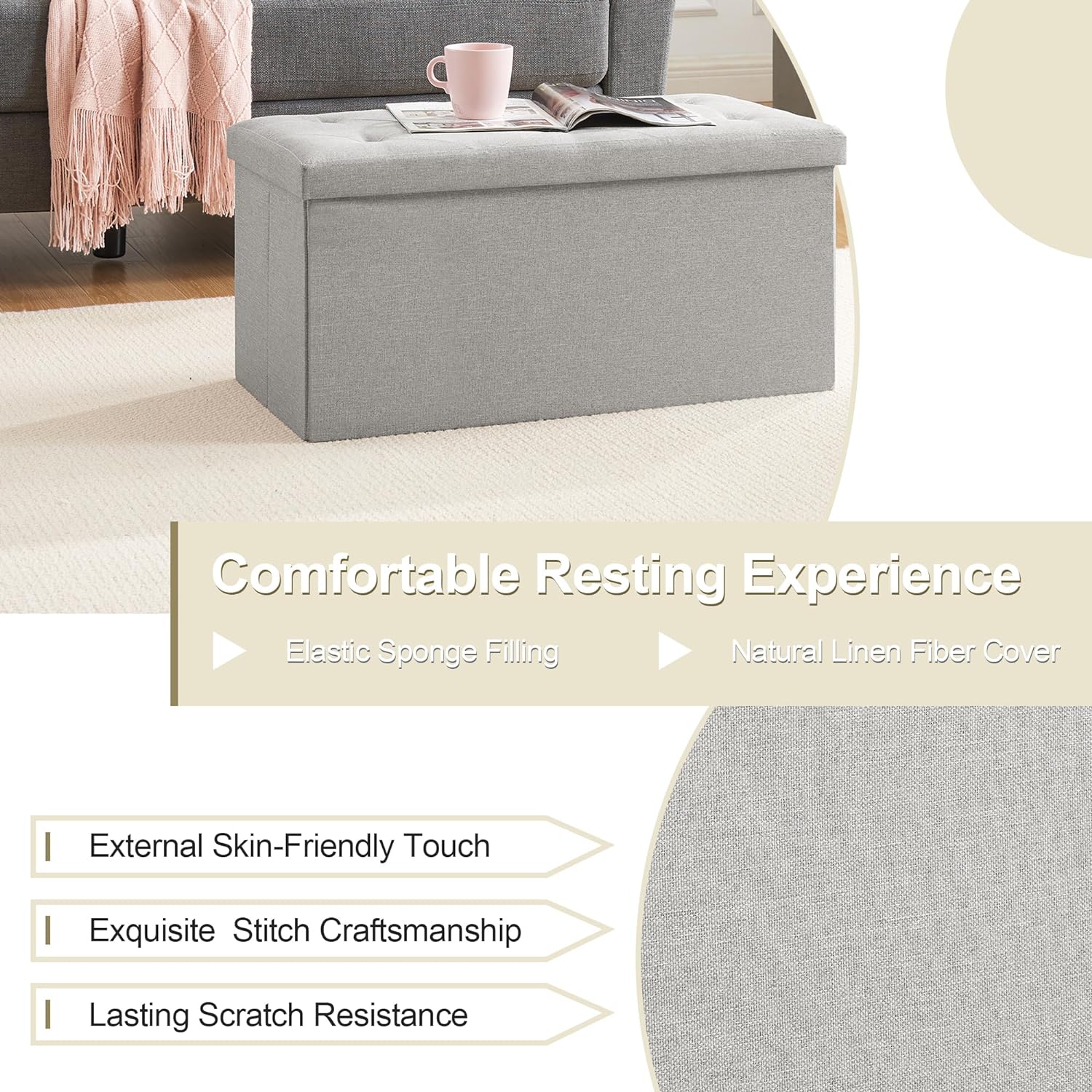 VECELO Folding Storage Ottoman Bench, Storage Chest, Linen Fabric - VECELO