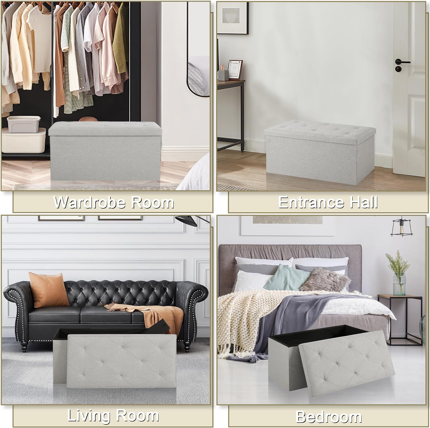 VECELO Folding Storage Ottoman Bench, Storage Chest, Linen Fabric - VECELO