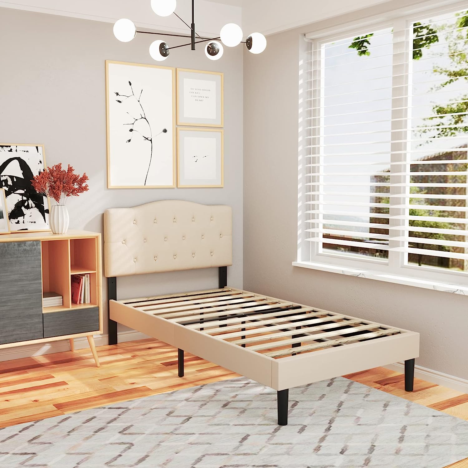 VECELO Classic Upholstered Platform Bed Frame with Diamond Stitched Cloth - VECELO