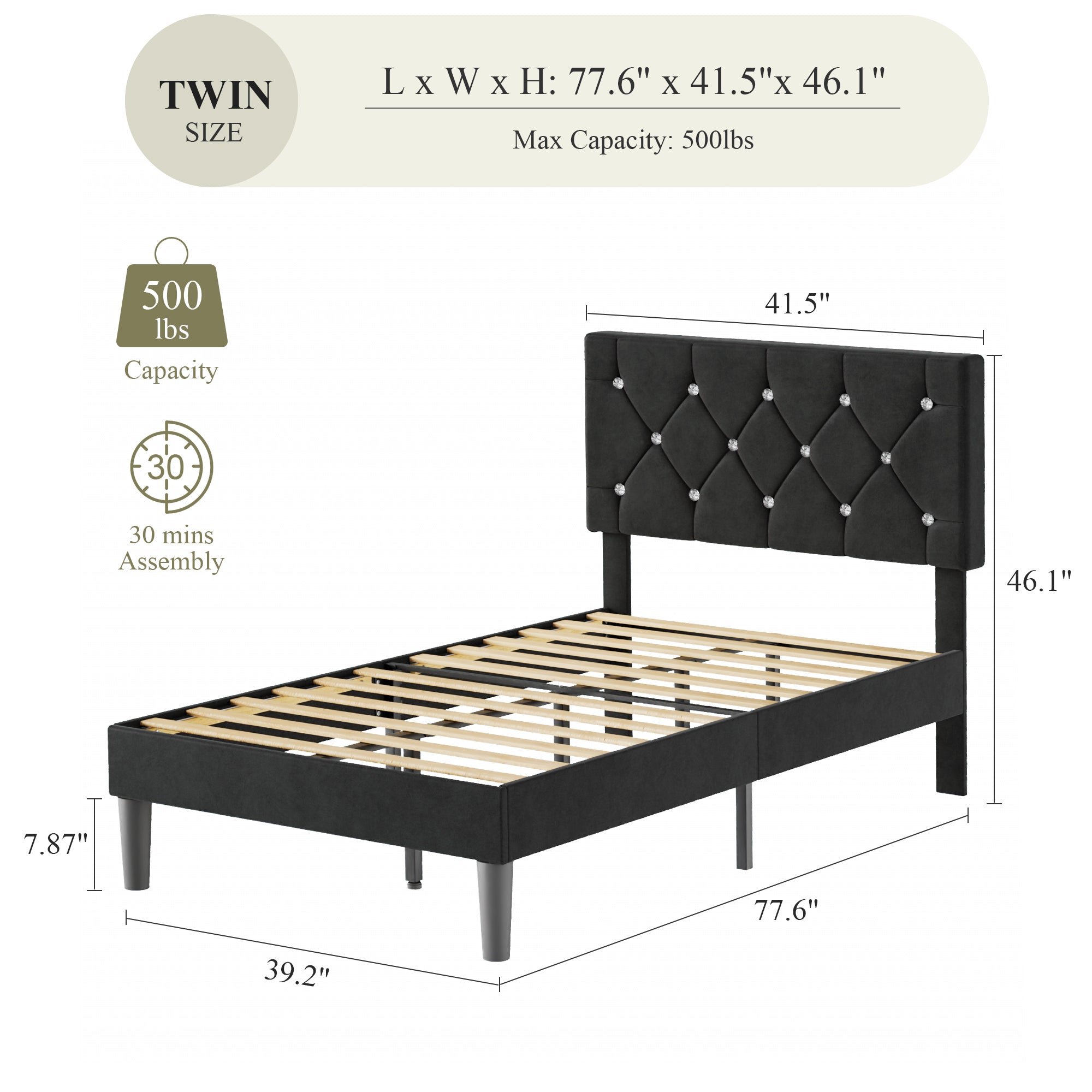 VECELO Bed Frame, Upholstered Platform with Adjustable Diamond Tufted Headboard