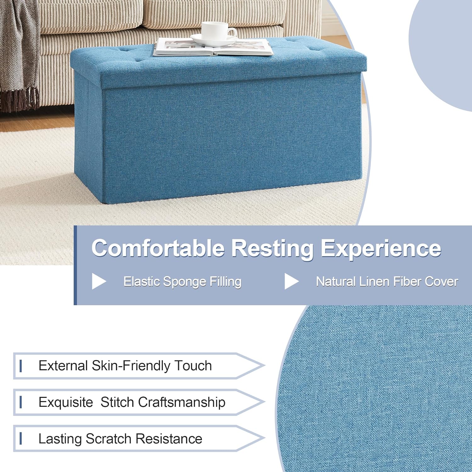 VECELO Folding Storage Ottoman Bench, Storage Chest, Linen Fabric - VECELO