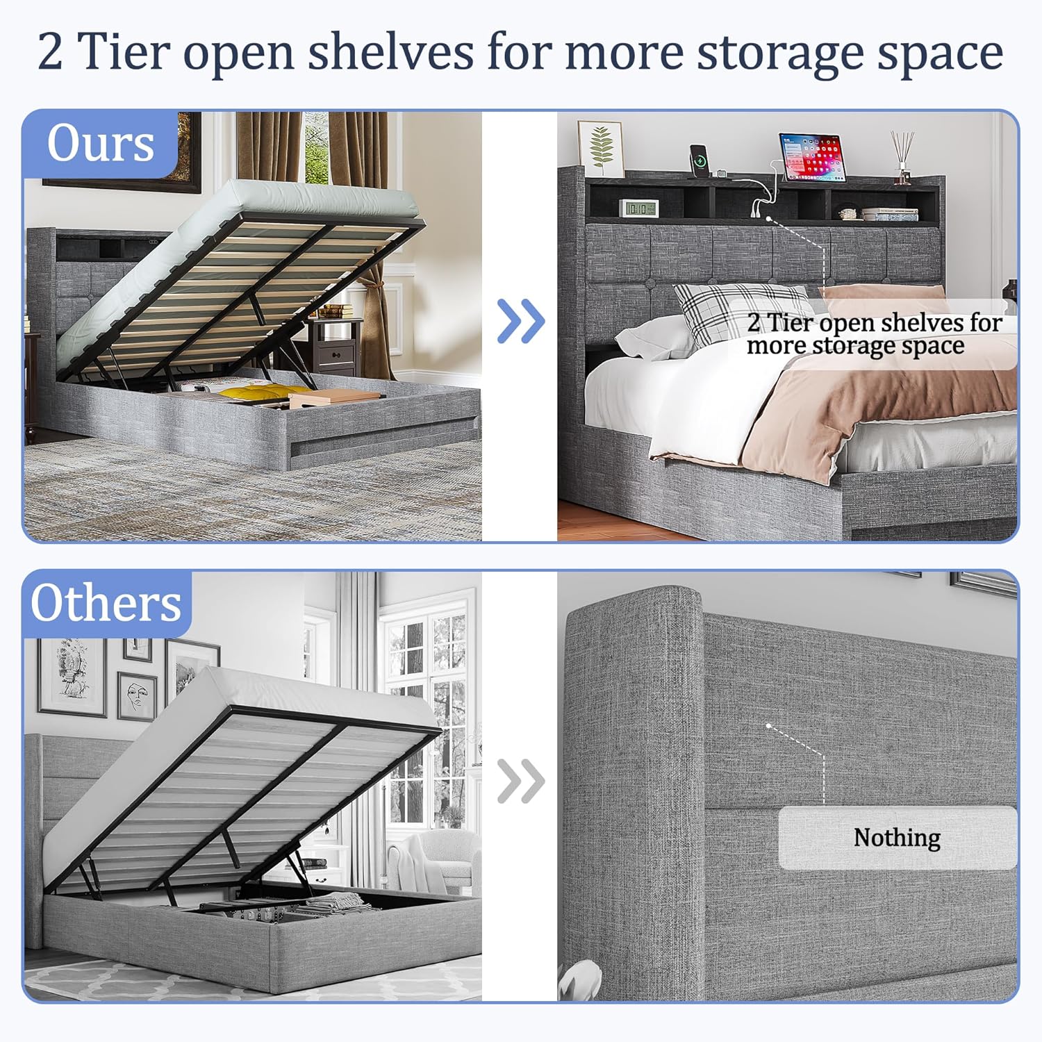 VECELO Lift Up Storage Bed, Upholstered Platform Bed Frame with Smart LED Lights and USB Charging Station