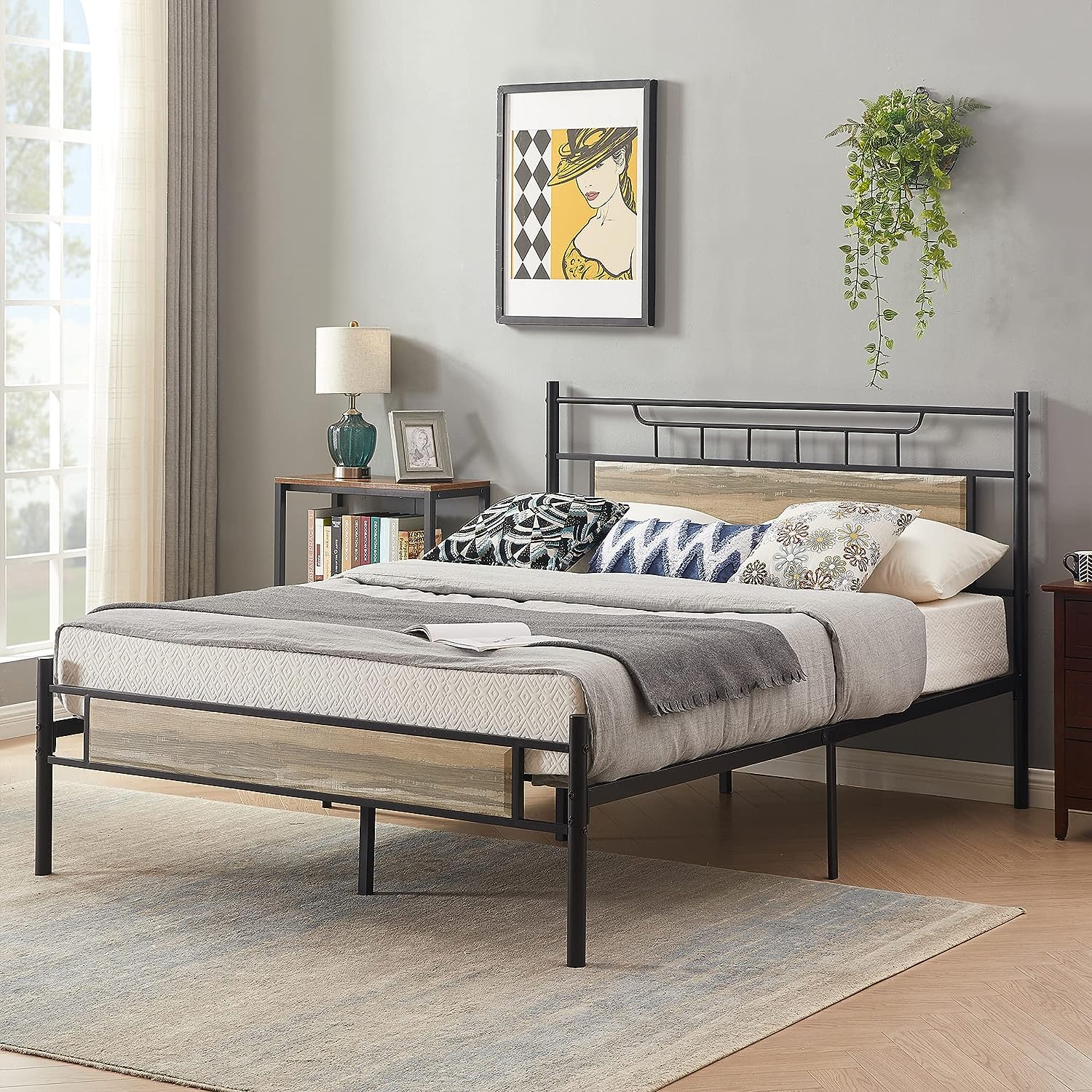 VECELO Platform Bed Frame with Wood Headboard No Box Spring Needed Heavy Duty Steel Slat