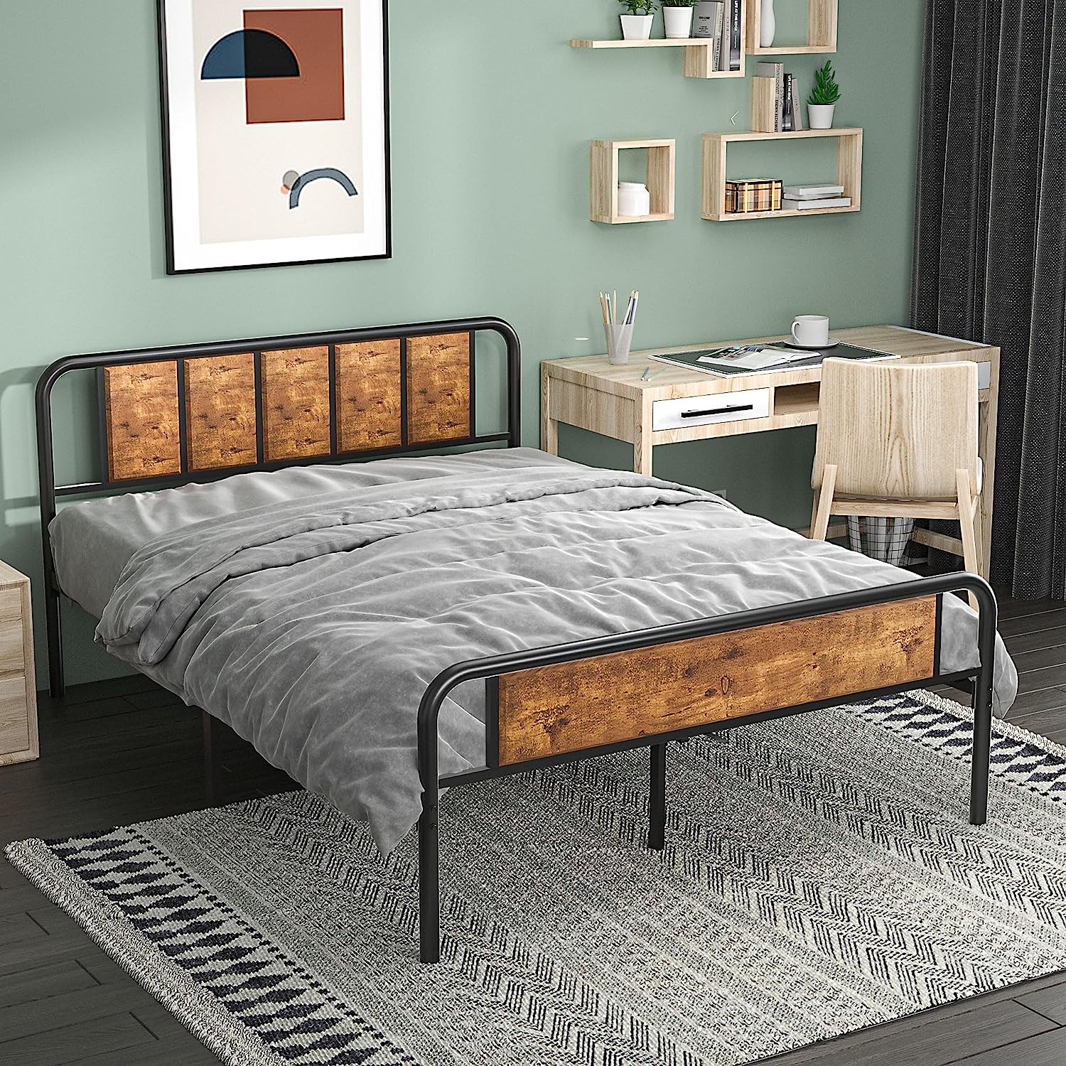 VECELO Bed Frame Metal Platform with Wooden Headboard Footboard Heavy Duty Mattress Foundation - VECELO