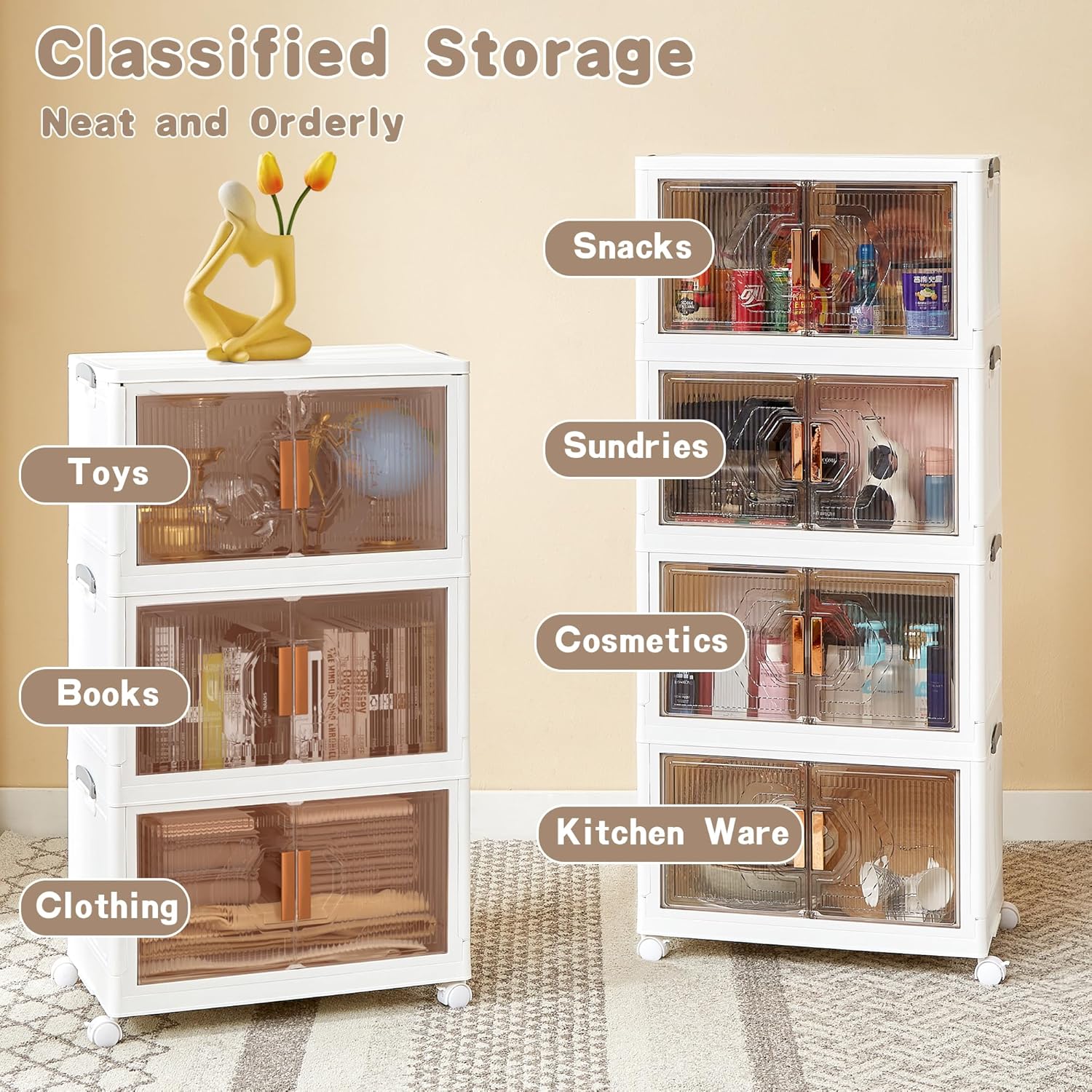 VECELO 16 Gal Stackable Storage Bins with Lid, 3/4/5 Pack Plastic Collapsible Storage Cabinet - VECELO