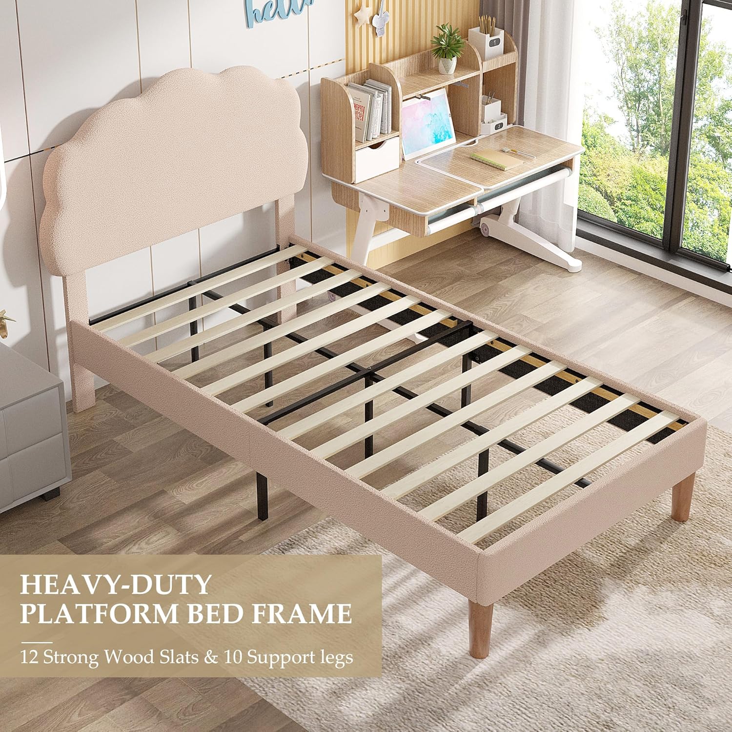 VECELO Twin Size Bed Frame, Upholstered Platform Bedframe with Height Adjustable Plush Fabric Headboard