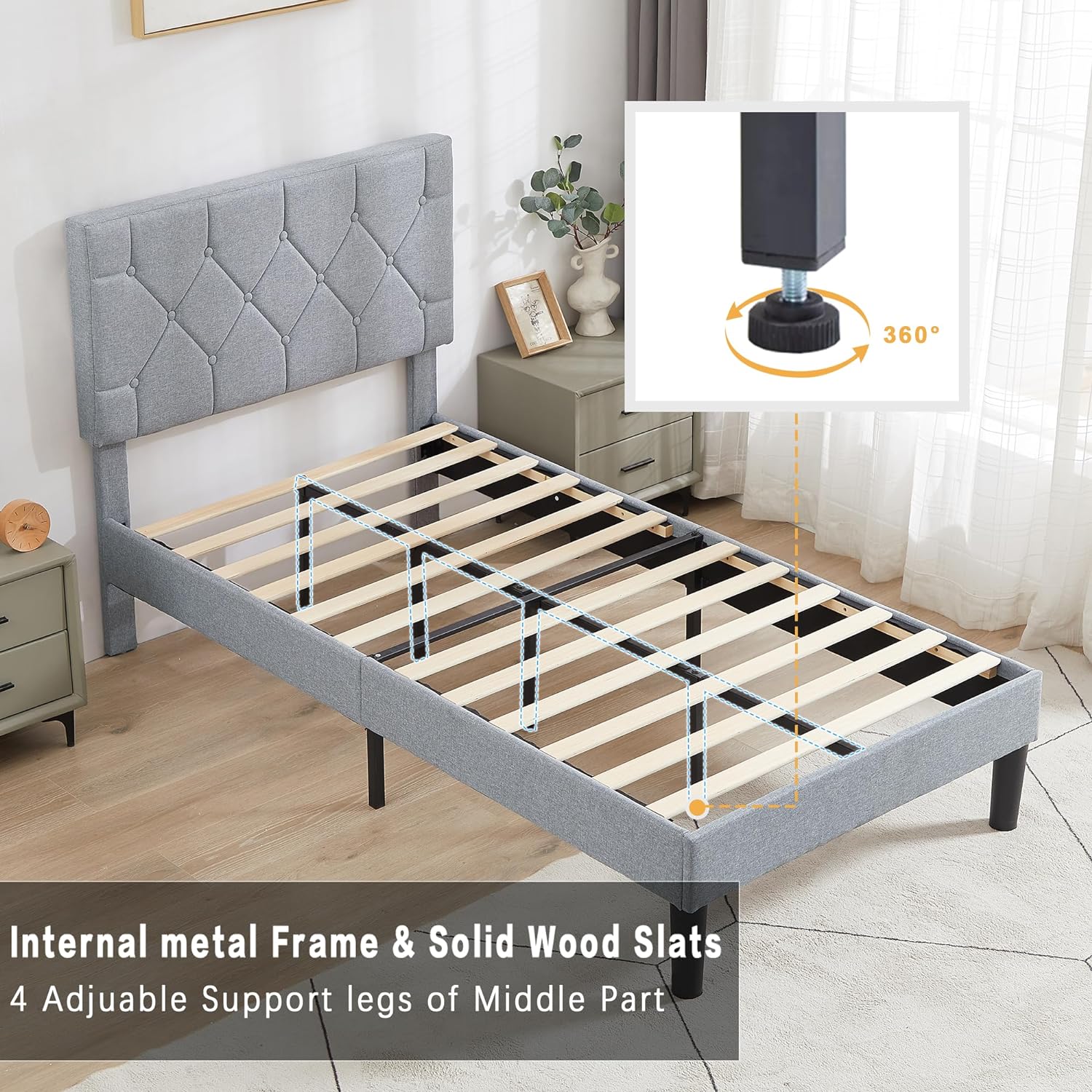 VECELO Bed Frame, Upholstered Platform with Adjustable Diamond Tufted Headboard