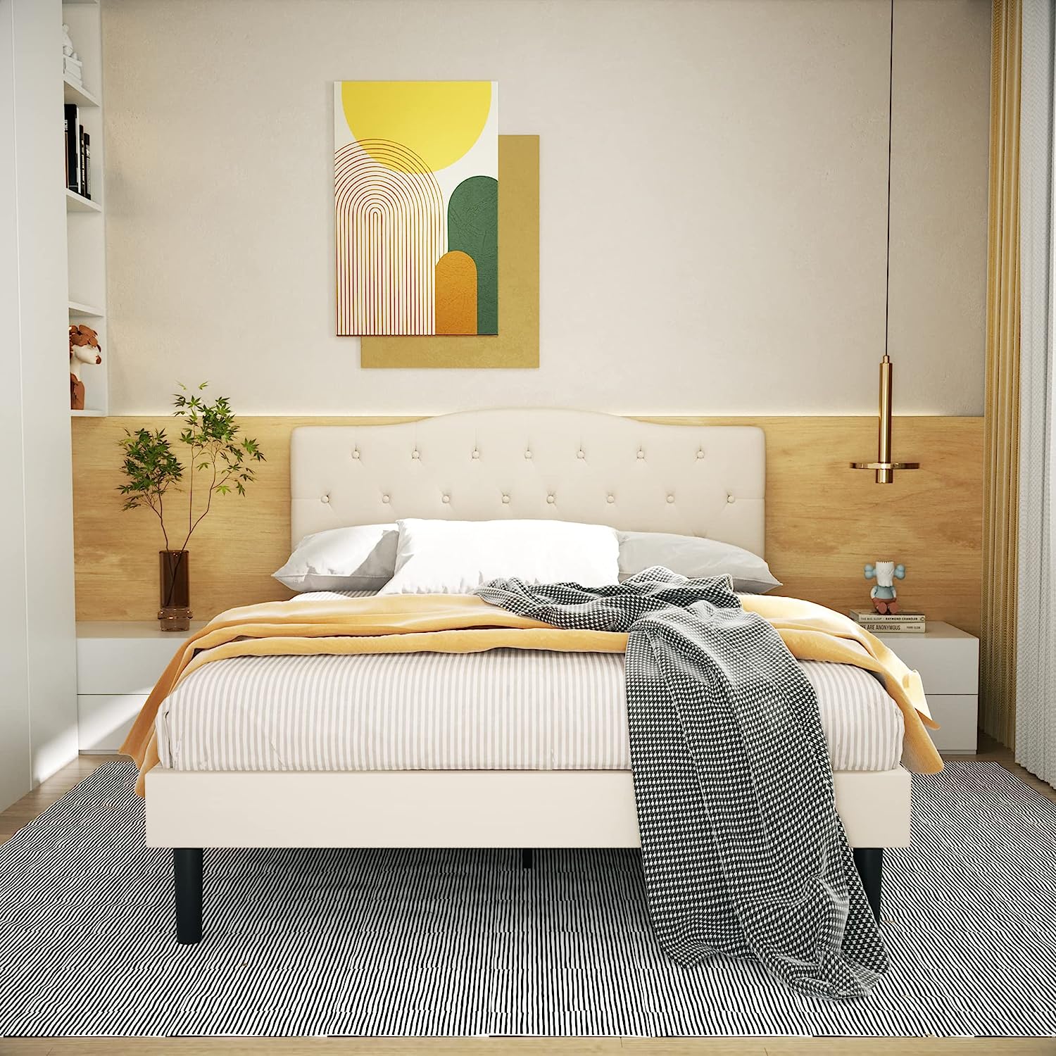 VECELO Classic Upholstered Platform Bed Frame with Diamond Stitched Cloth - VECELO