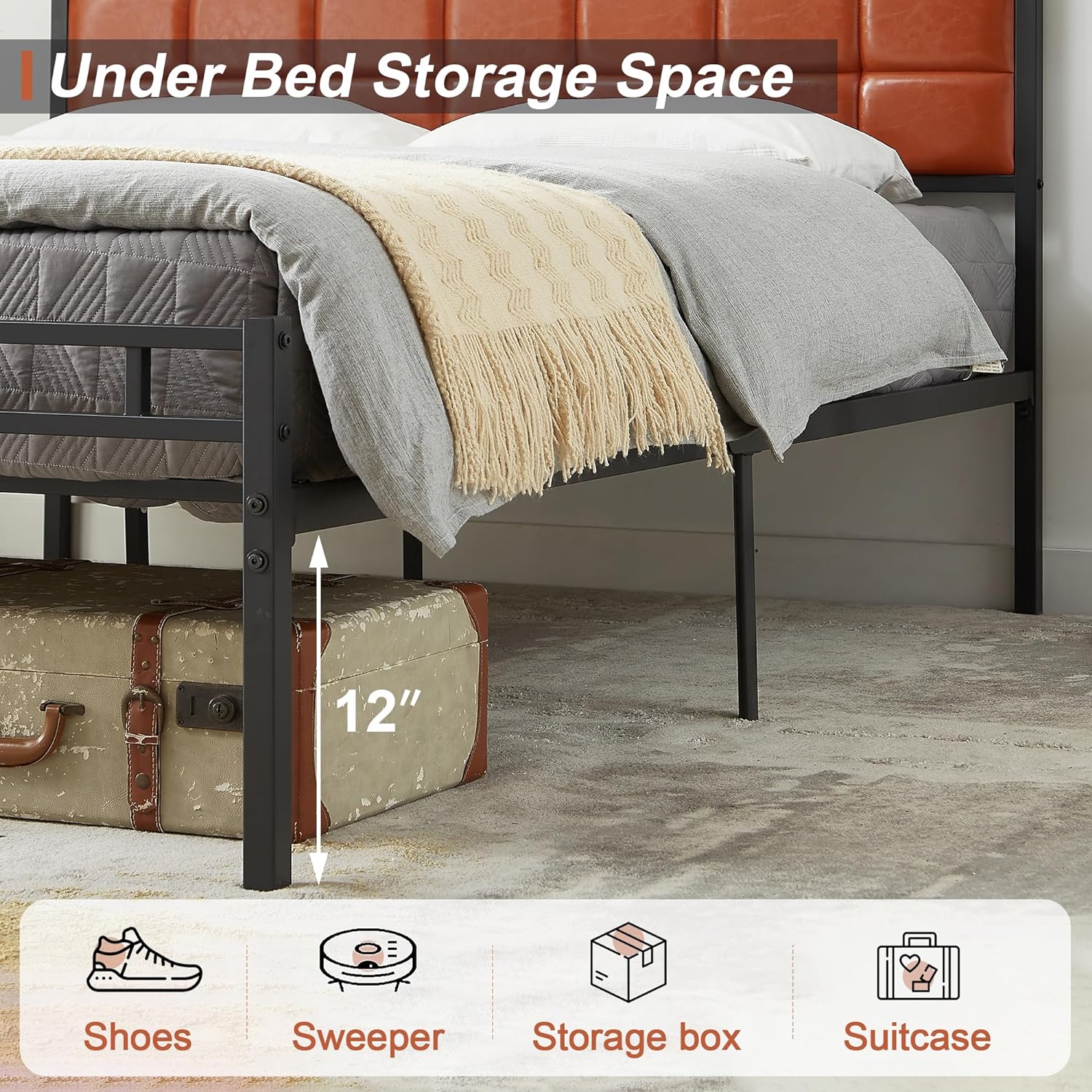 VECELO Bed Frame with PU Upholstered Headboard Metal Slats Support, No Box Spring Needed - VECELO