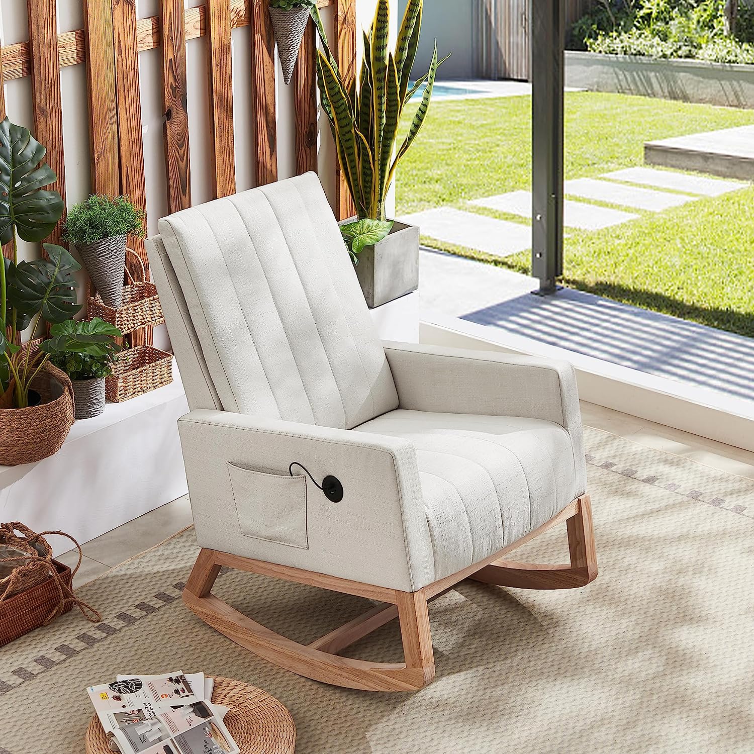 VECELO Rocking Chair Upholstered Nursery Glider Rocker High Backrest Comfy Armchair with Side Pocket and USB Port - VECELO