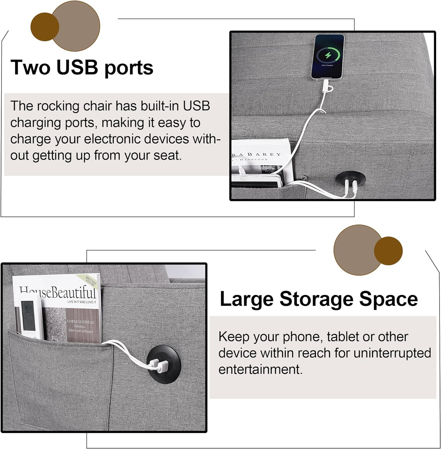 VECELO Rocking Chair Upholstered Nursery Glider Rocker High Backrest Comfy Armchair with Side Pocket and USB Port - VECELO