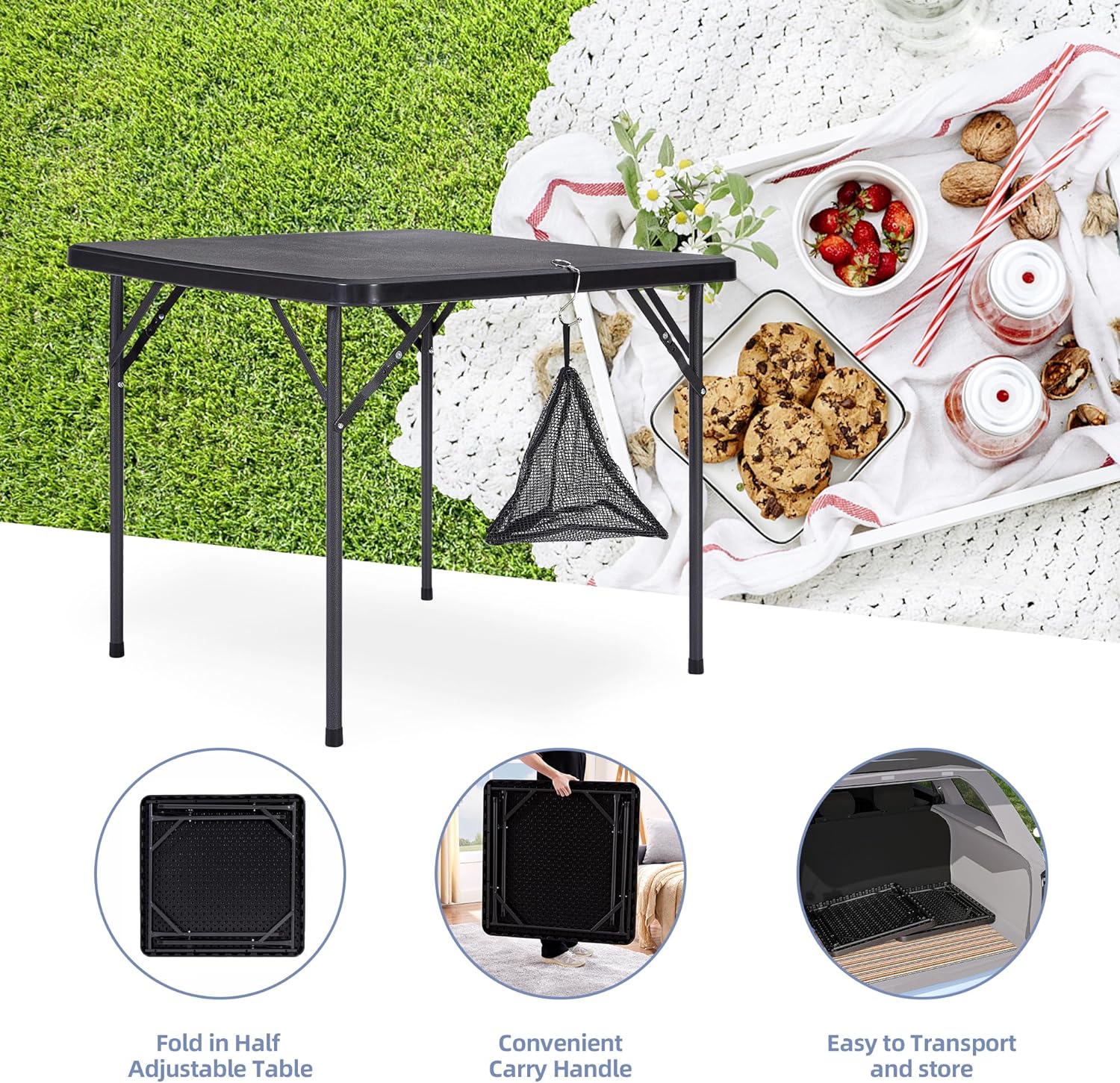 VECELO Folding Plastic Card Table Square with Mesh Bag - VECELO