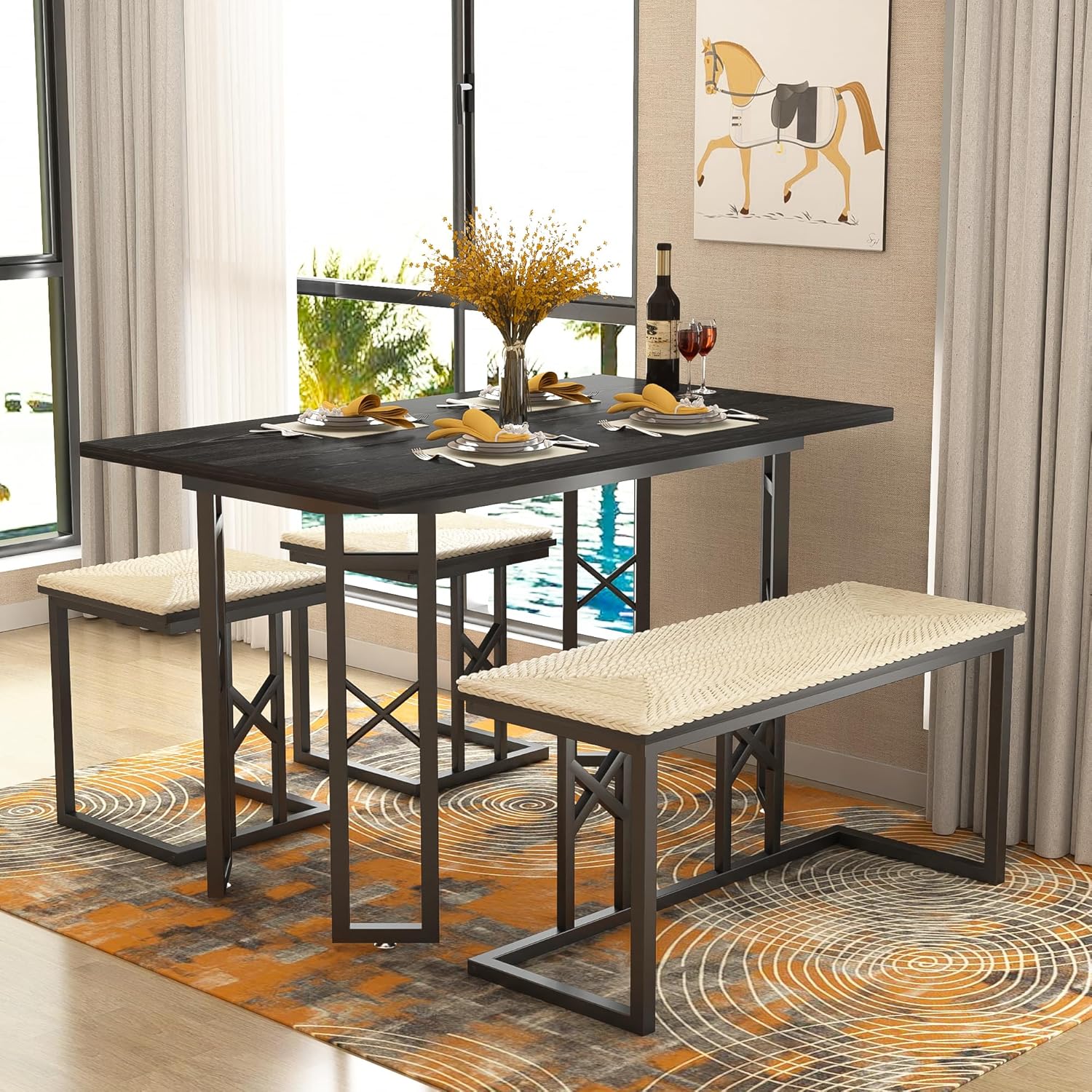 VECELO 43.3" Farmhouse Room Sets for 4 with 3 Benches Wicker-Knot Cushions - VECELO