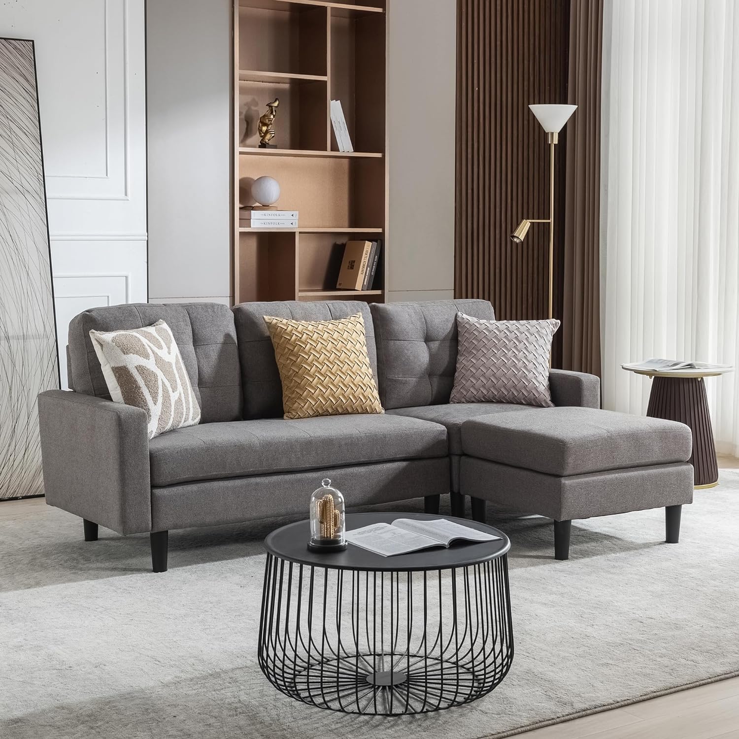 VECELO Convertible Sectional Sofa Modern Linen Fabric L-Shaped Couch with Reversible Chaise - VECELO