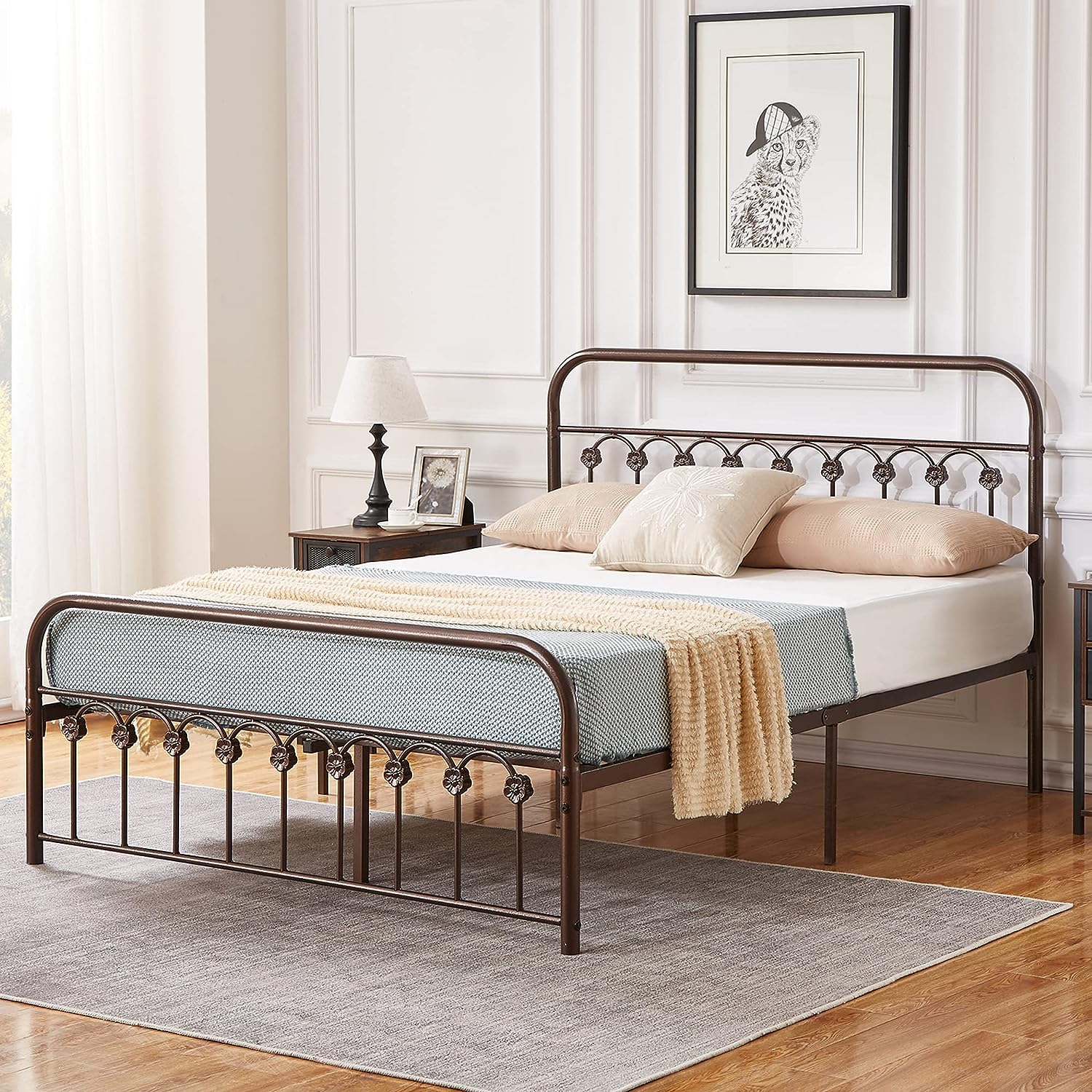 VECELO Metal Bed Frame/Mattress Foundation with Vintage Flower Headboard & Footboard