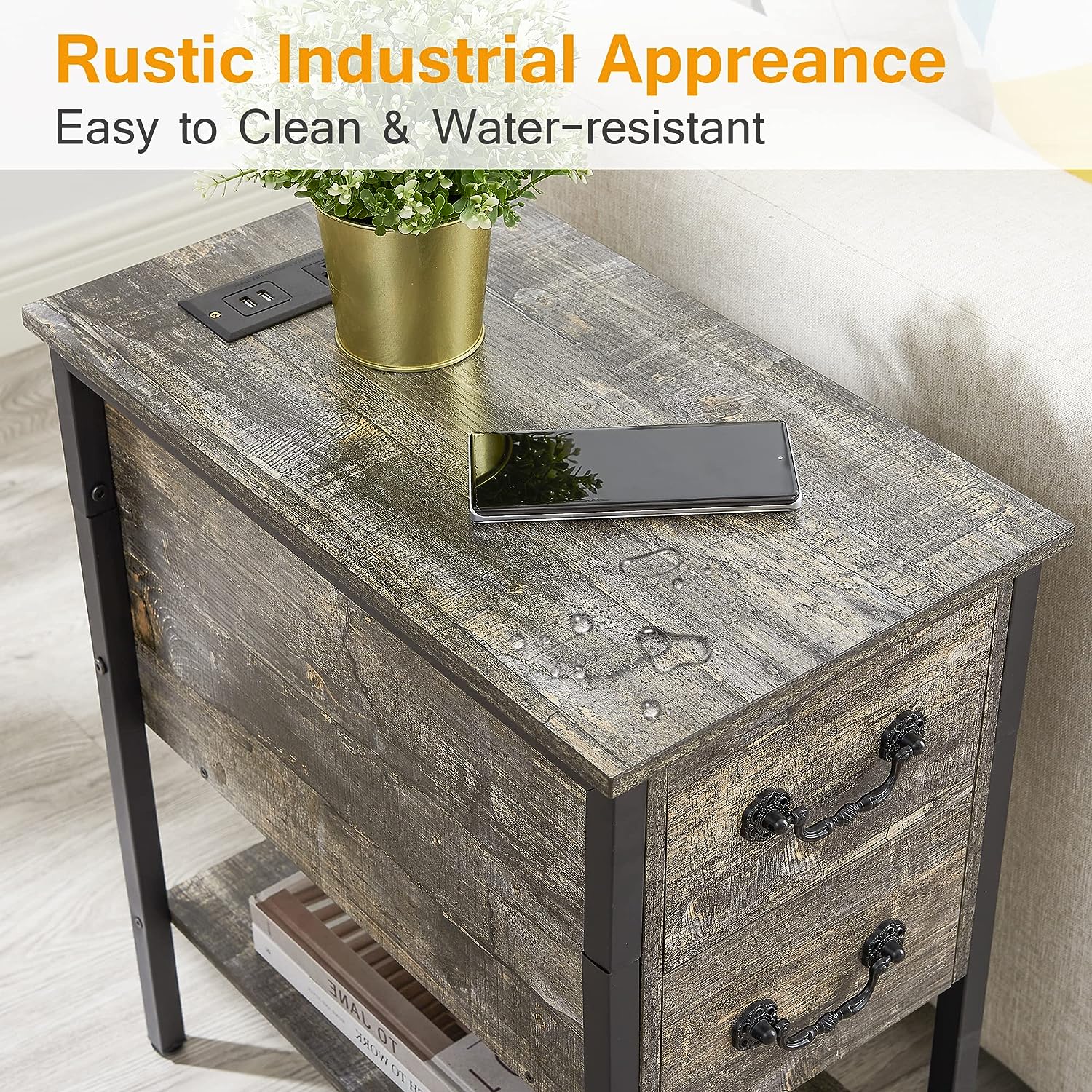 VECELO End Tables,Narrow Nightstands with Charging Station & USB Ports &Drawers - VECELO