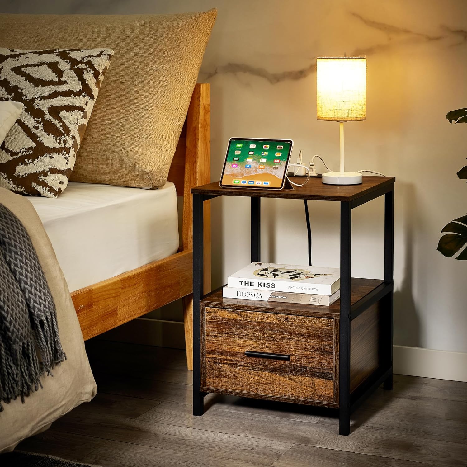 VECELO Modern Nightstand with Charging Station and USB Ports End Side Table