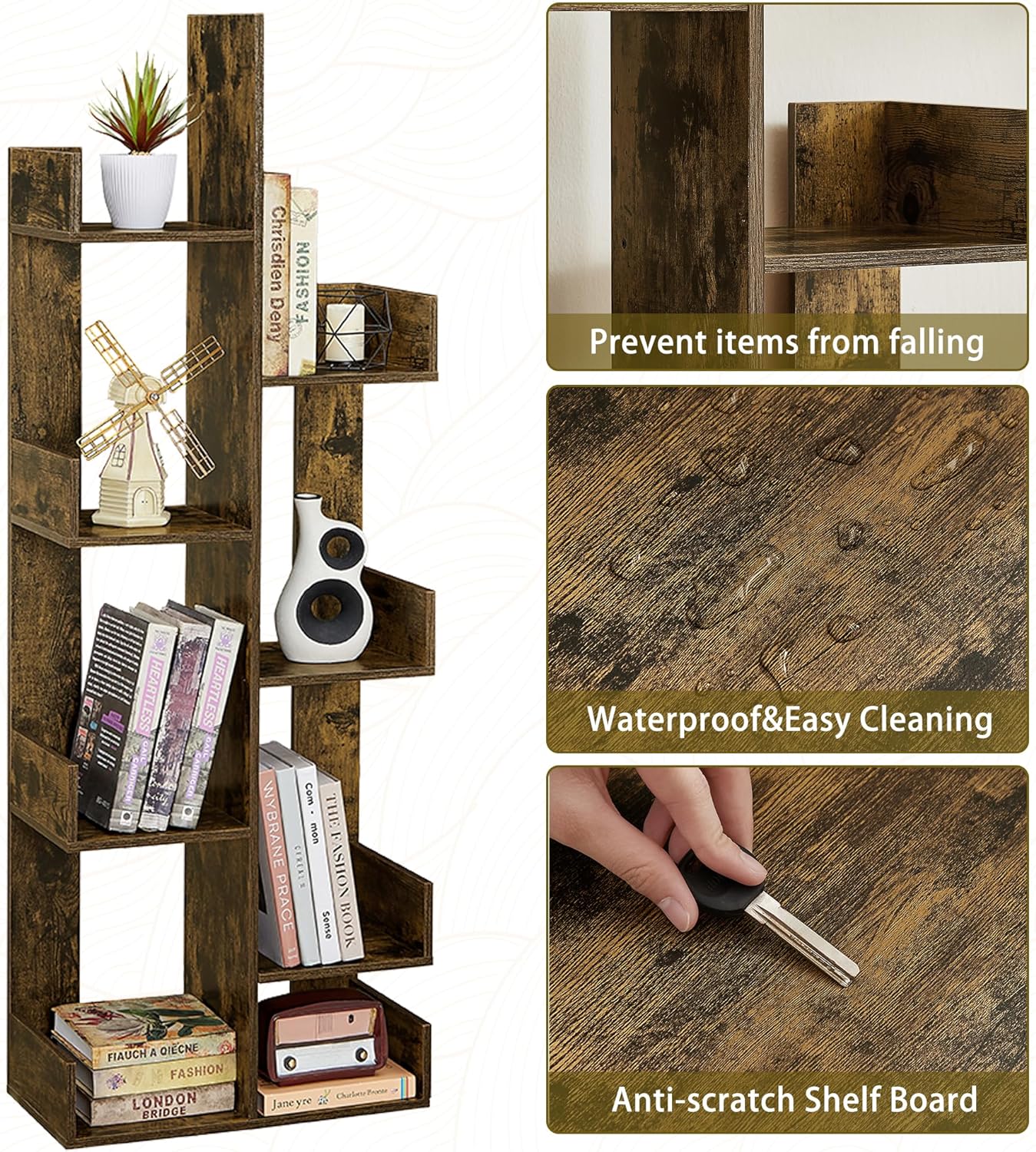 VECELO Tree Bookshelf, Geometric 8 Shelf Tree Bookcase Wood Bookshelves Display