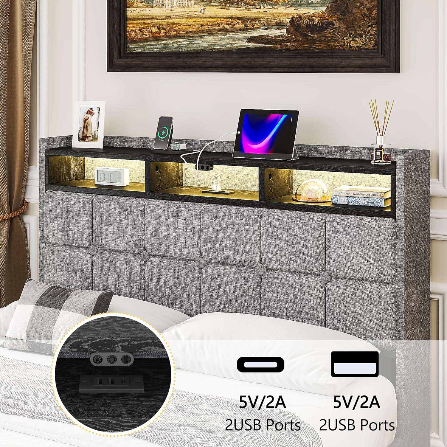 VECELO Lift Up Storage Bed, Upholstered Platform Bed Frame with Smart LED Lights and USB Charging Station
