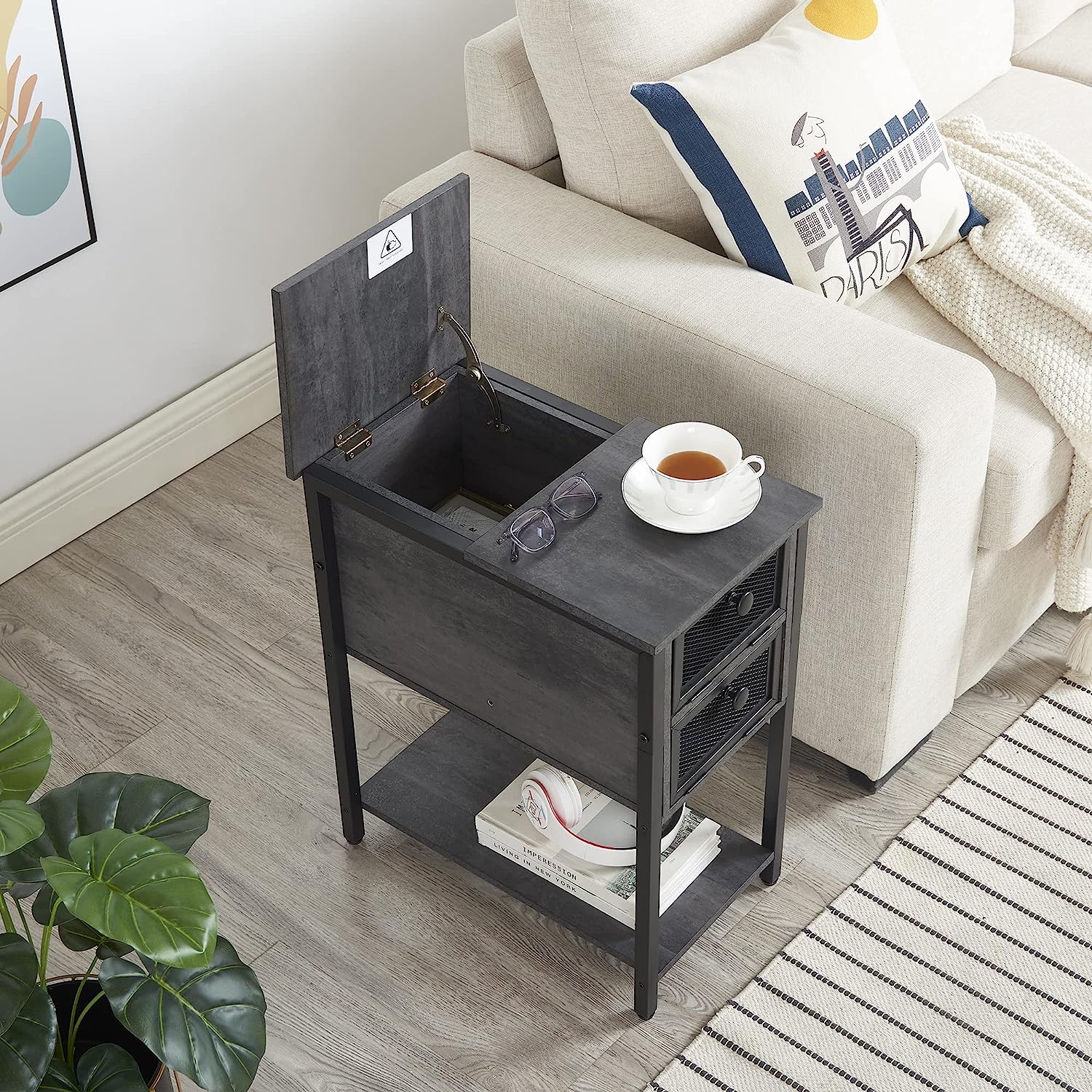 VECELO 24''Tall Flip Top Narrow Side Table with Storage Shelf for Living Room - VECELO