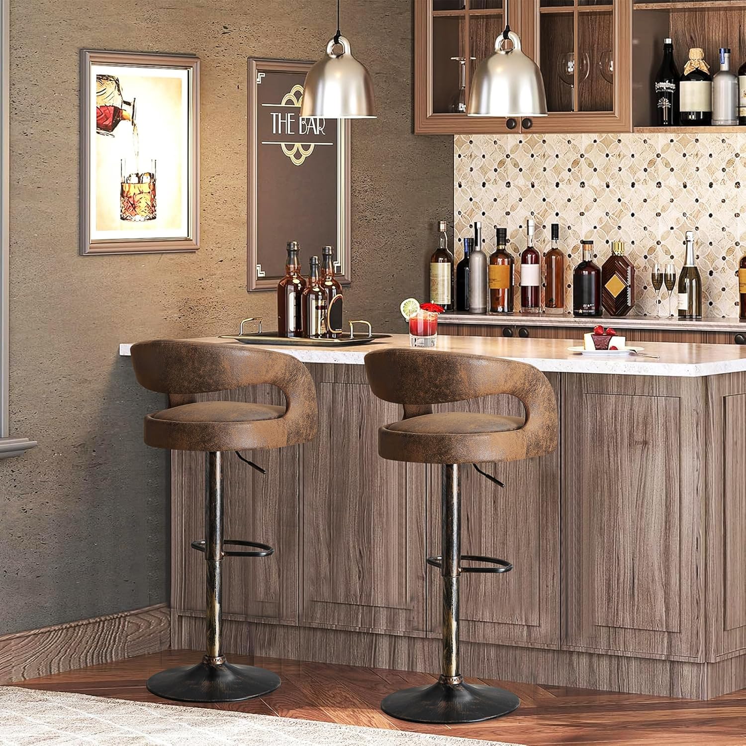 VECELO Bar Stools Set of 2 Adjustable Swivel Modern Pu Leather Barstools - VECELO