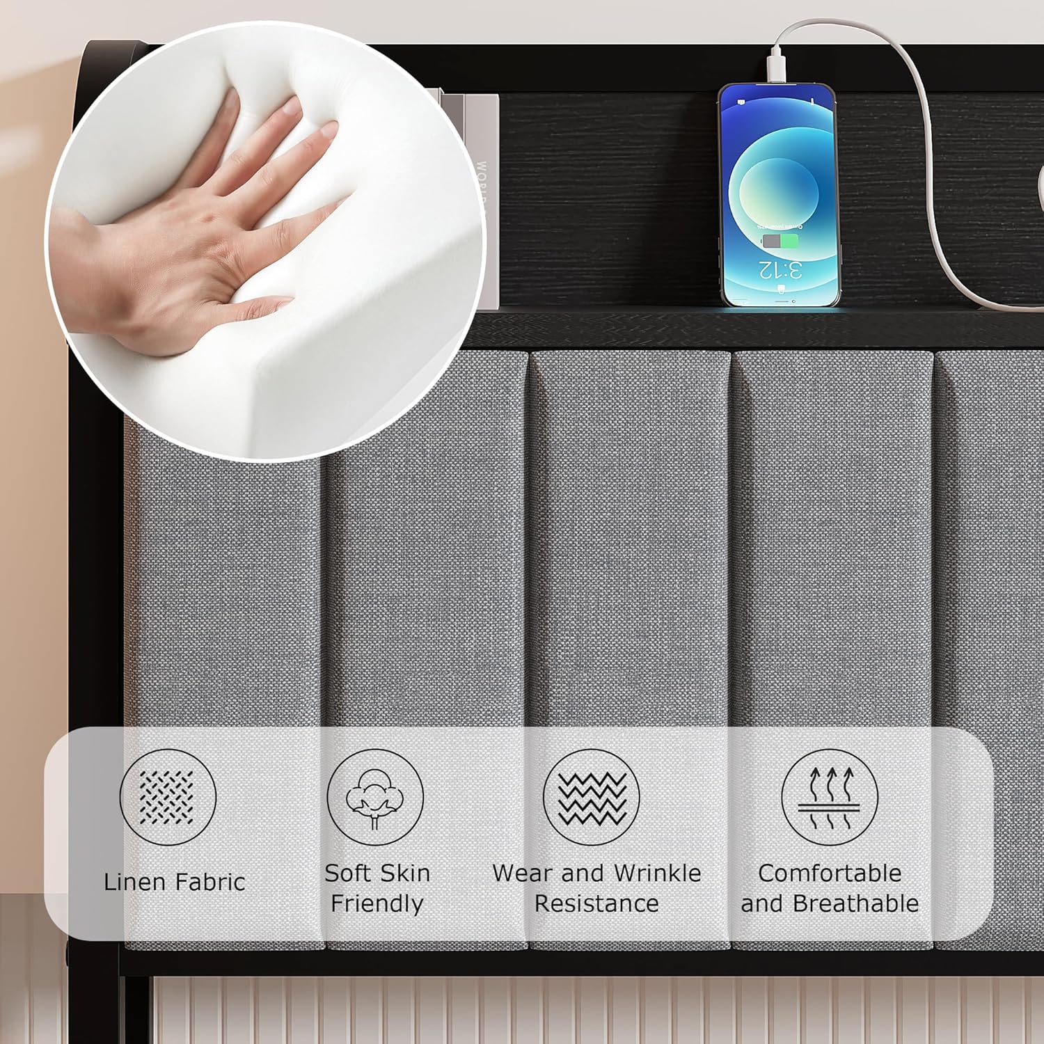 VECELO Twin Bed Frame, Storage Upholstered Headboard with Charging Station