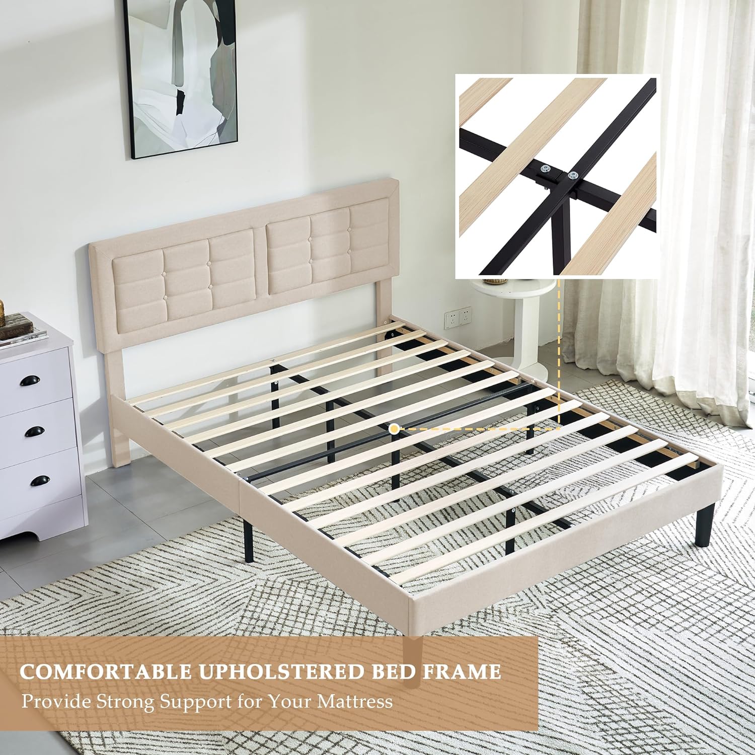 VECELO Upholstered Platform Bed Frame with Height Adjustable Headboard - VECELO