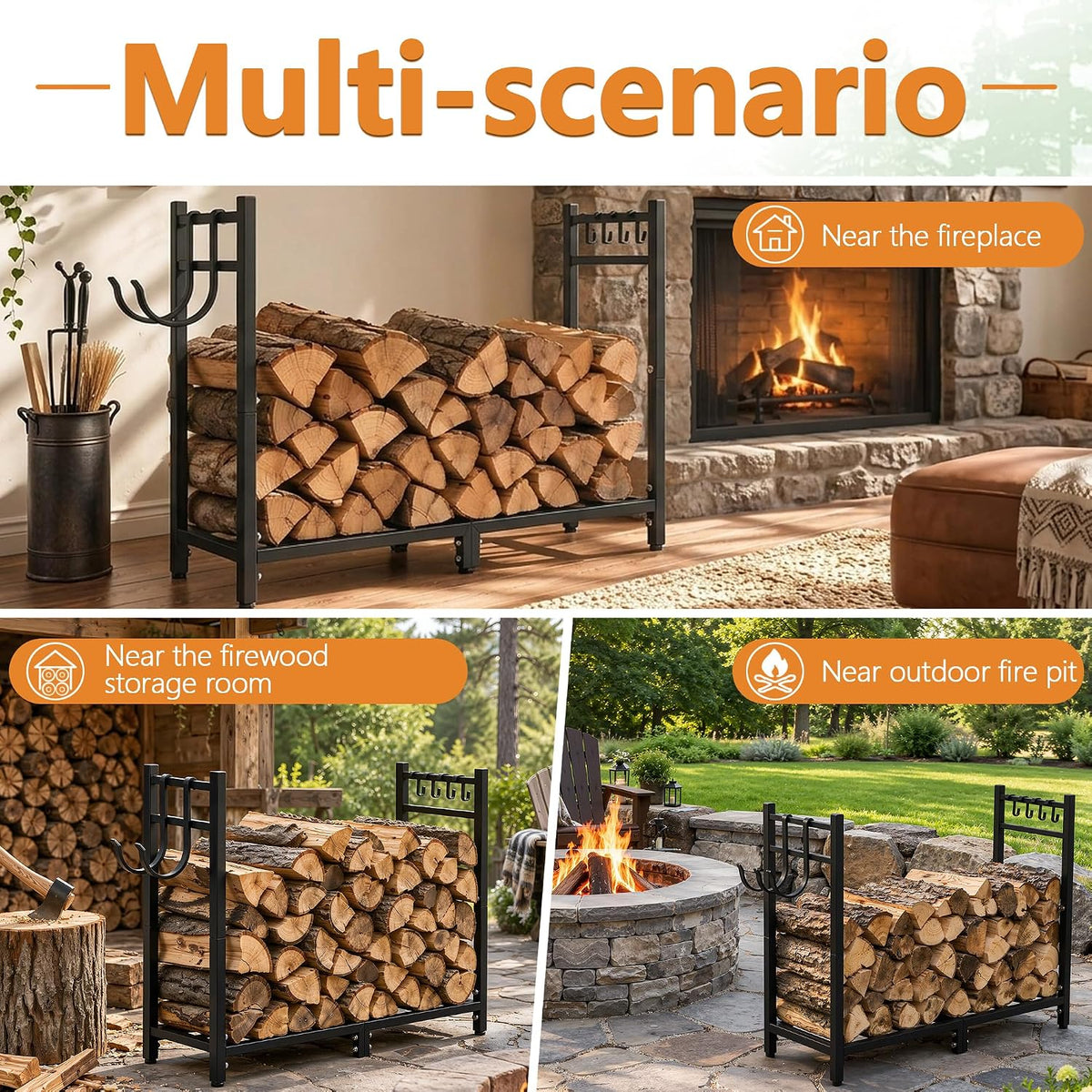 VECELO 34 Inch Firewood Rack with Carrier Bag Heavy Duty Outdoor Wood Rack