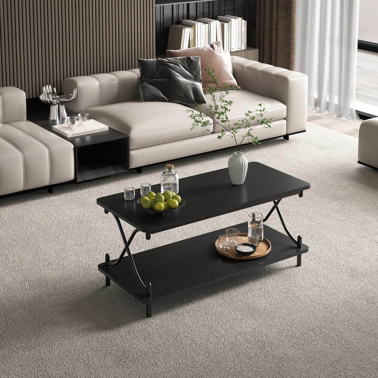 VECELO 39-Inch Coffee Table with Storage and Open Shelves - VECELO