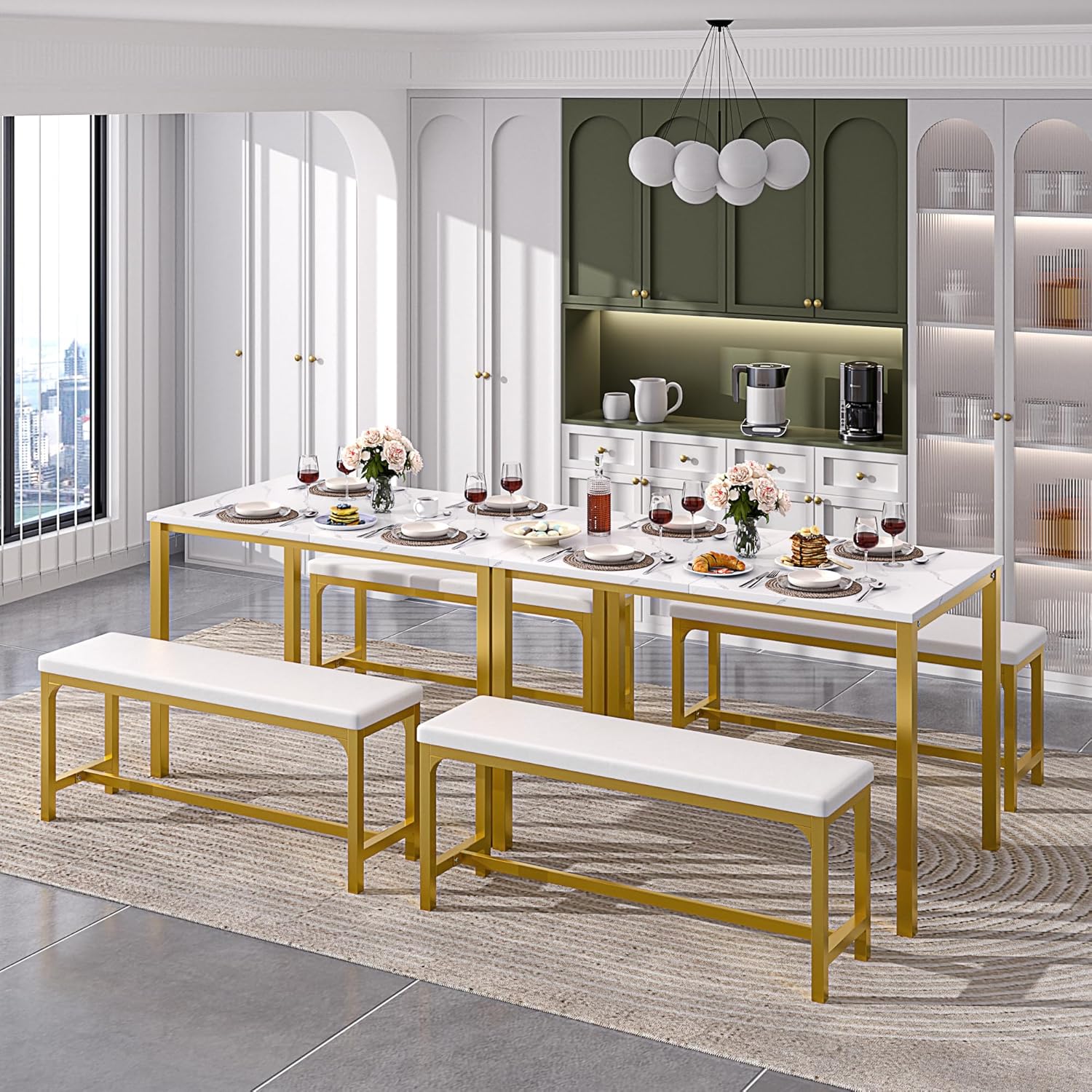 VECELO 3-Piece 63" Extendable Kitchen Table with Benches/Chairs - VECELO