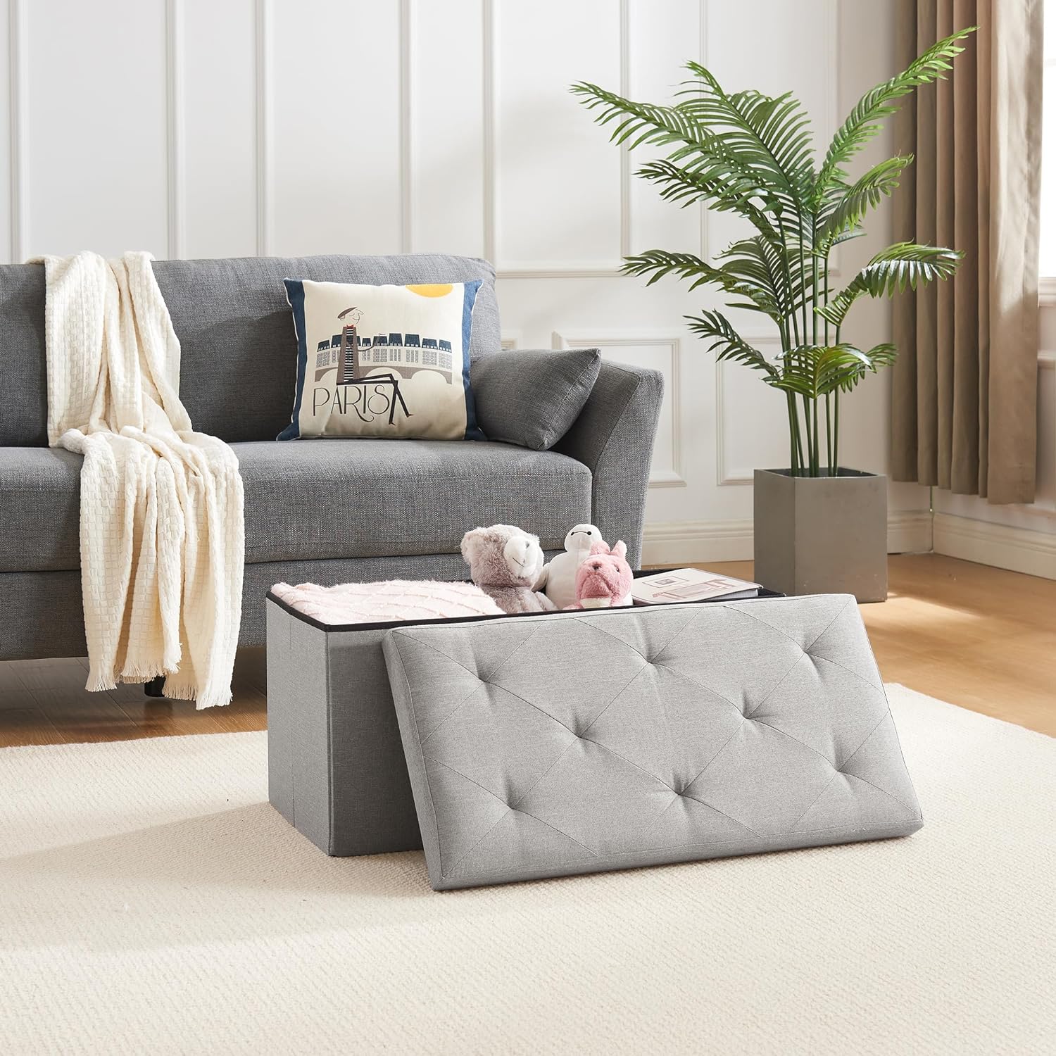 VECELO Folding Storage Ottoman Bench, Storage Chest, Linen Fabric - VECELO