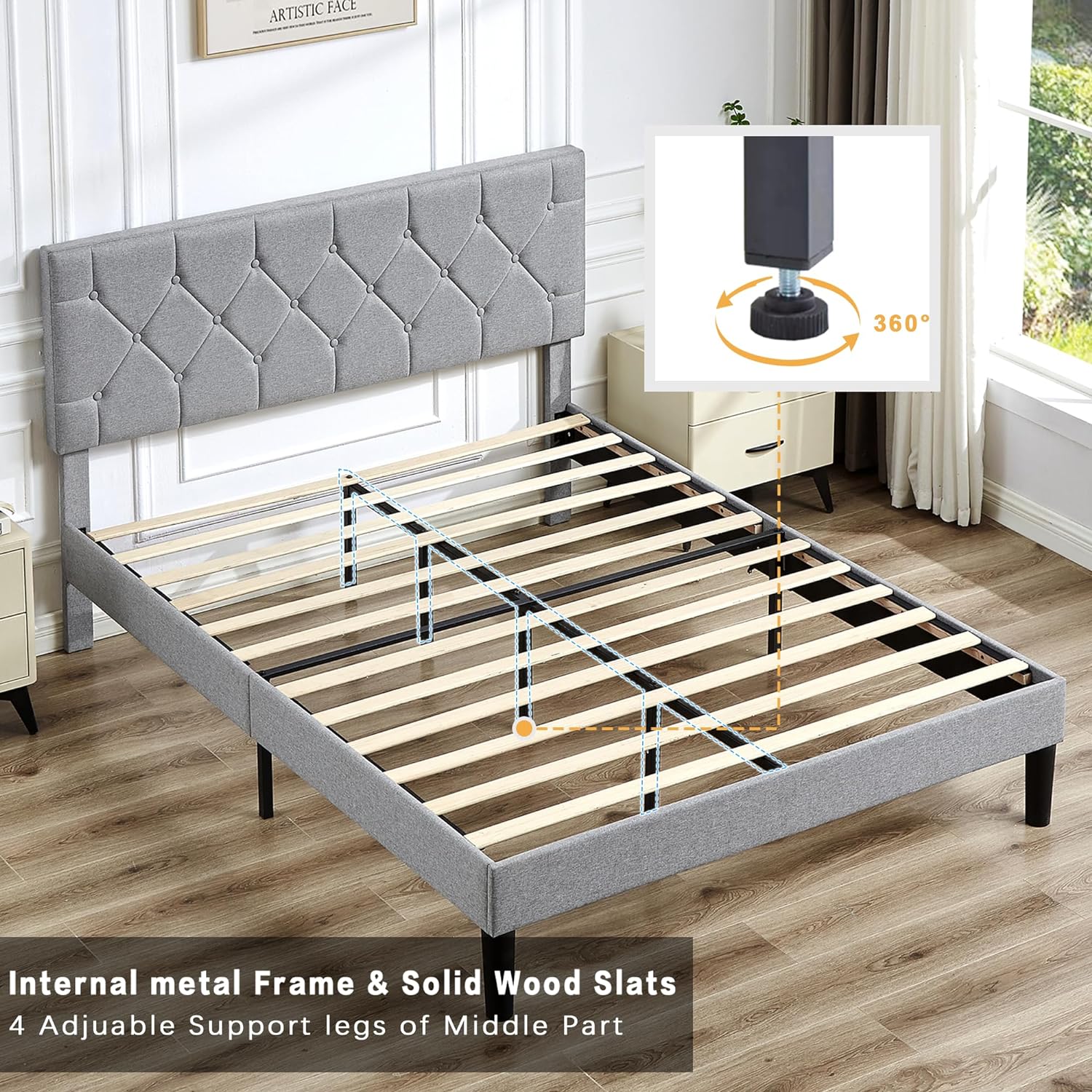 VECELO Bed Frame, Upholstered Platform with Adjustable Diamond Tufted Headboard