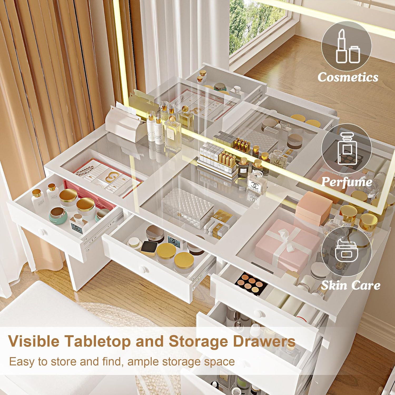 Vanity Desk Set with Adjustable LED Lighted Mirror & Power Outlet