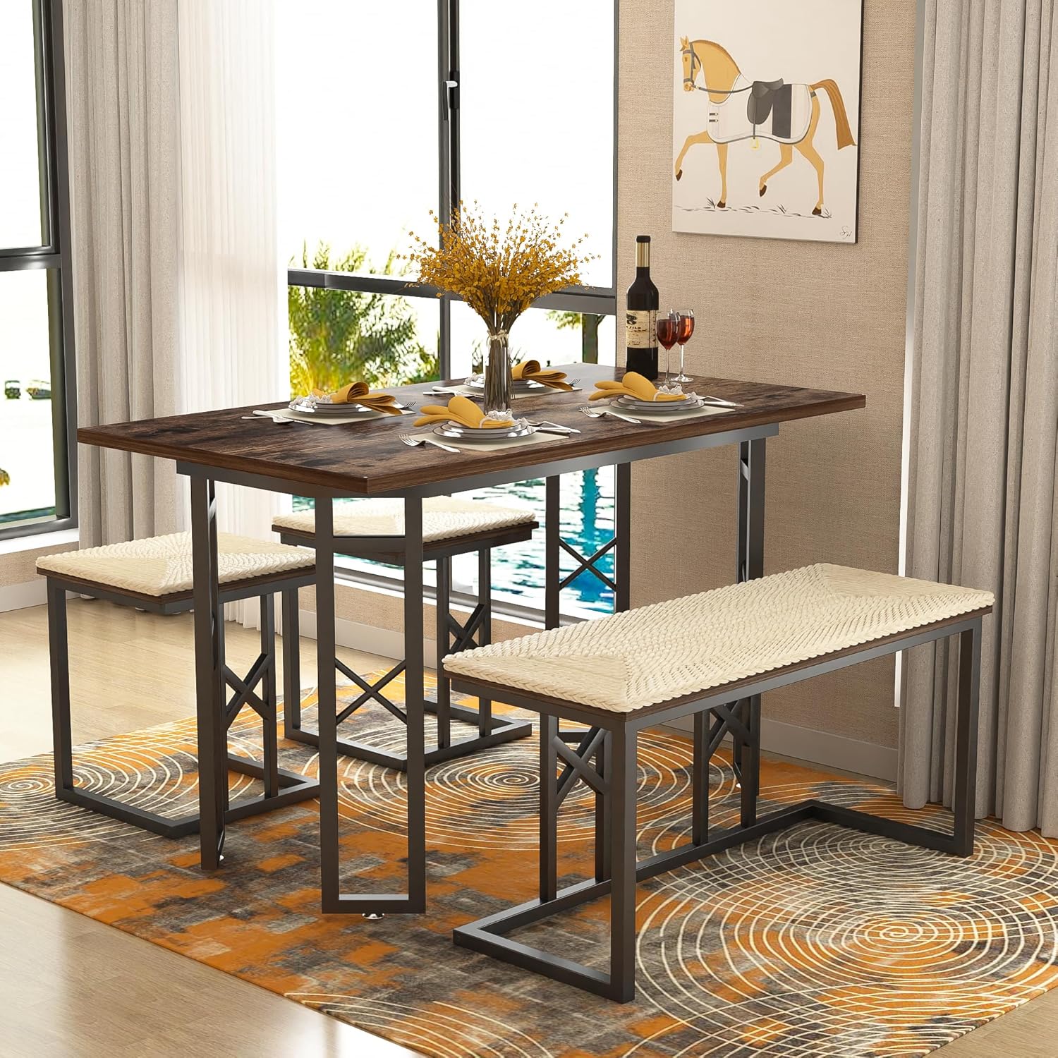 VECELO 43.3" Farmhouse Room Sets for 4 with 3 Benches Wicker-Knot Cushions - VECELO